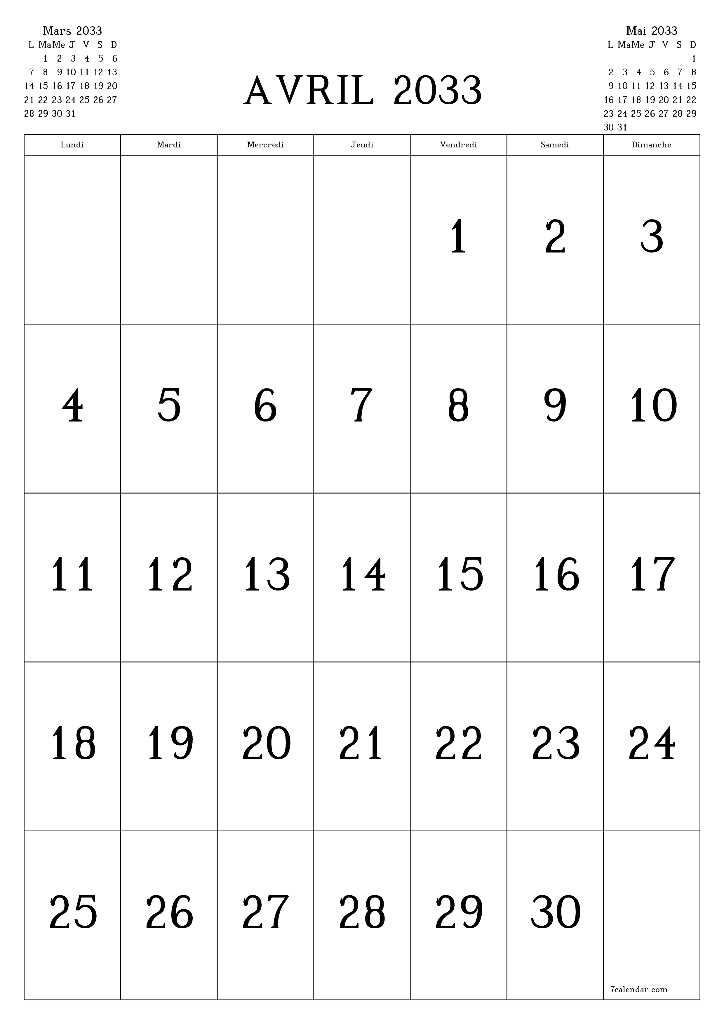  imprimable mural modèle de gratuitverticale Mensuel calendrier Avril (Avr) 2033