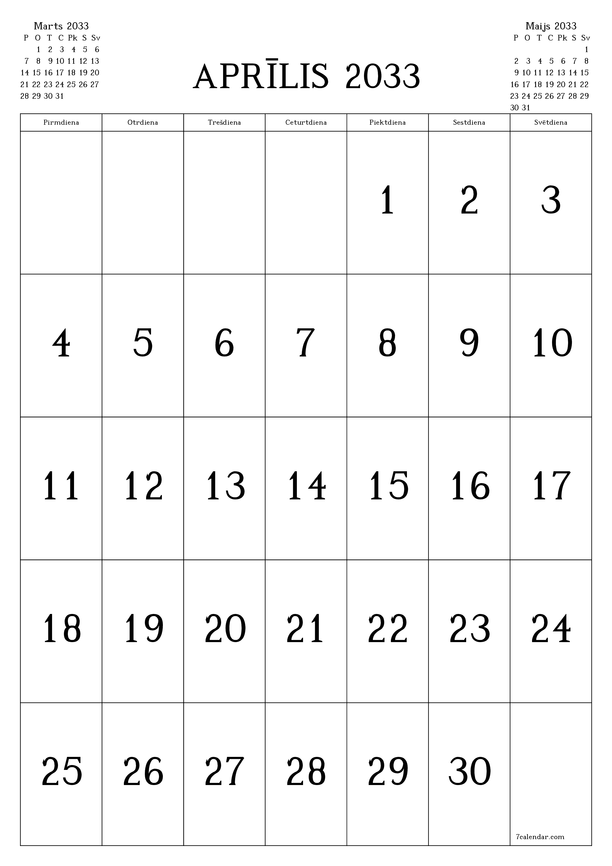 izdrukājams sienas kalendāra veidne bezmaksas vertikāli Mēneša kalendārs Aprīlis (Apr) 2033