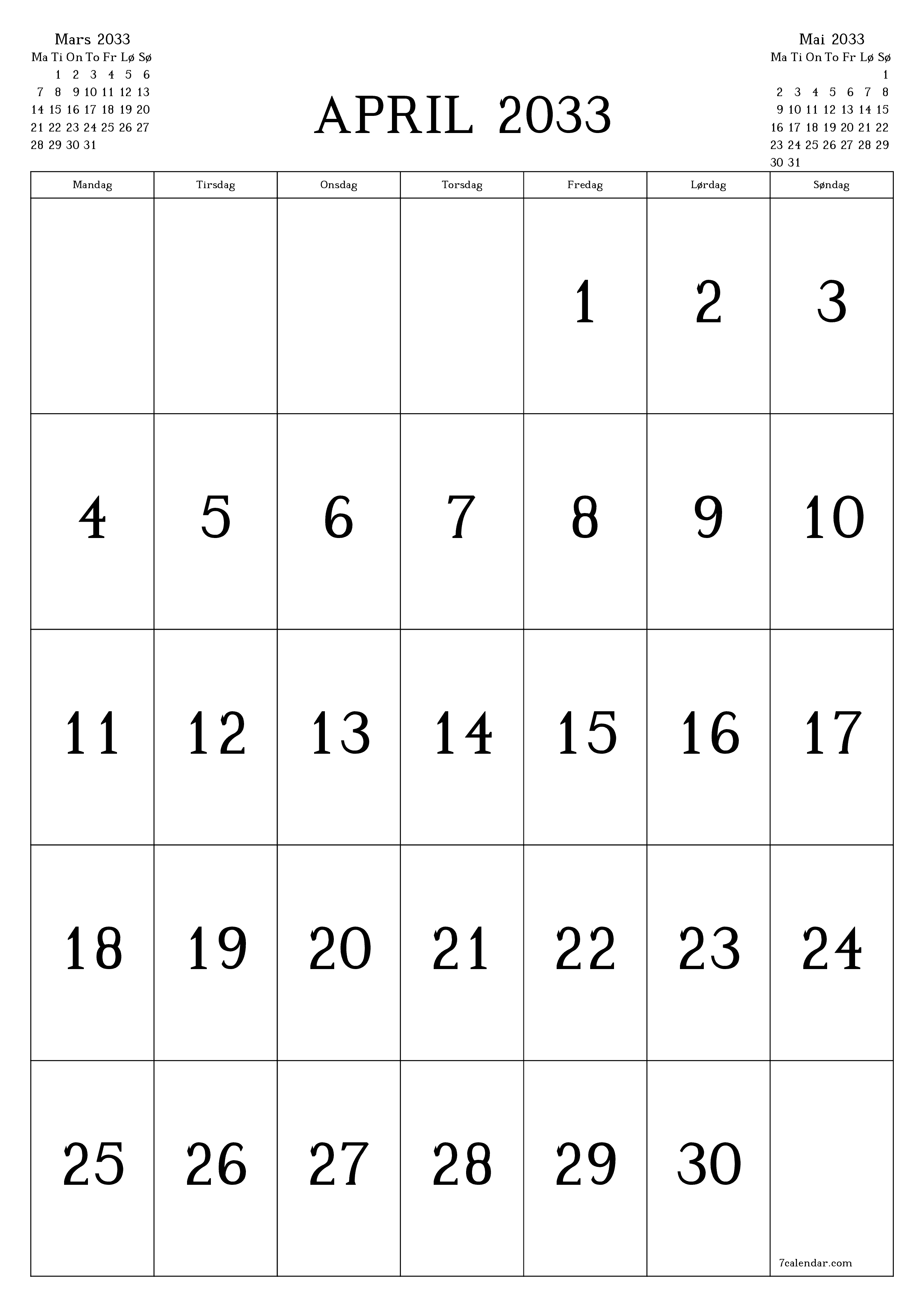 utskrivbar vegg mal gratis vertikal Månedlig kalender April (Apr) 2033