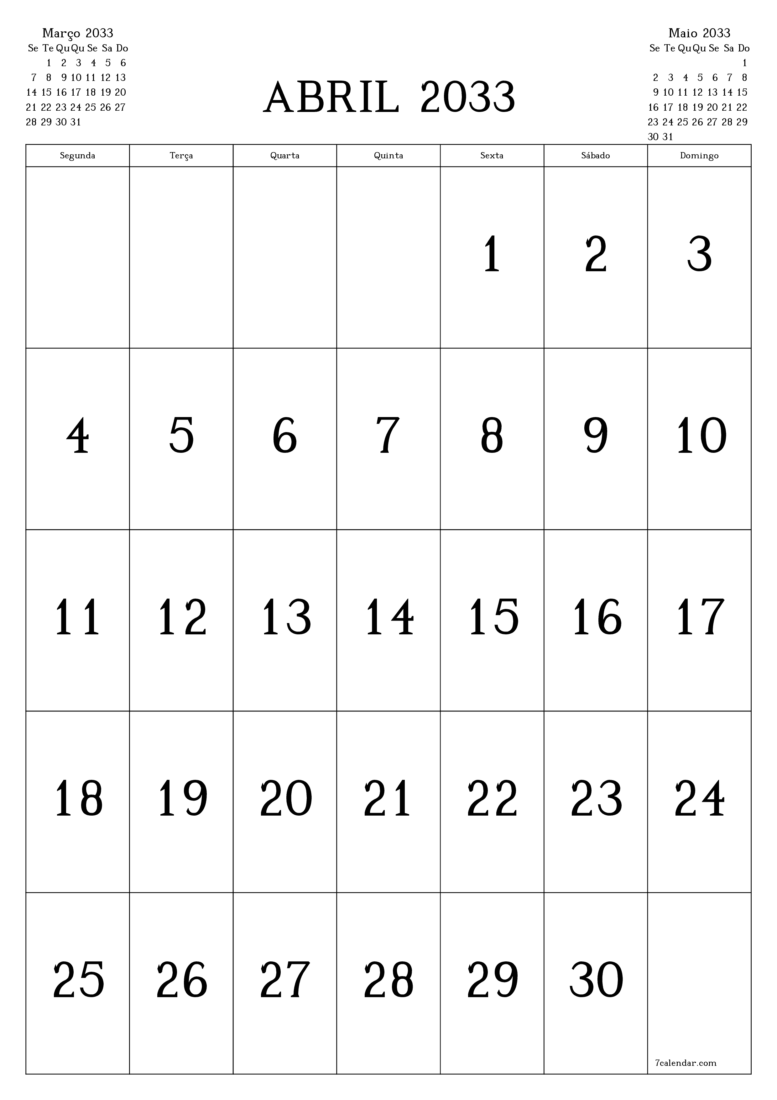  para impressão de parede modelo de grátisvertical Mensal calendário Abril (Abr) 2033