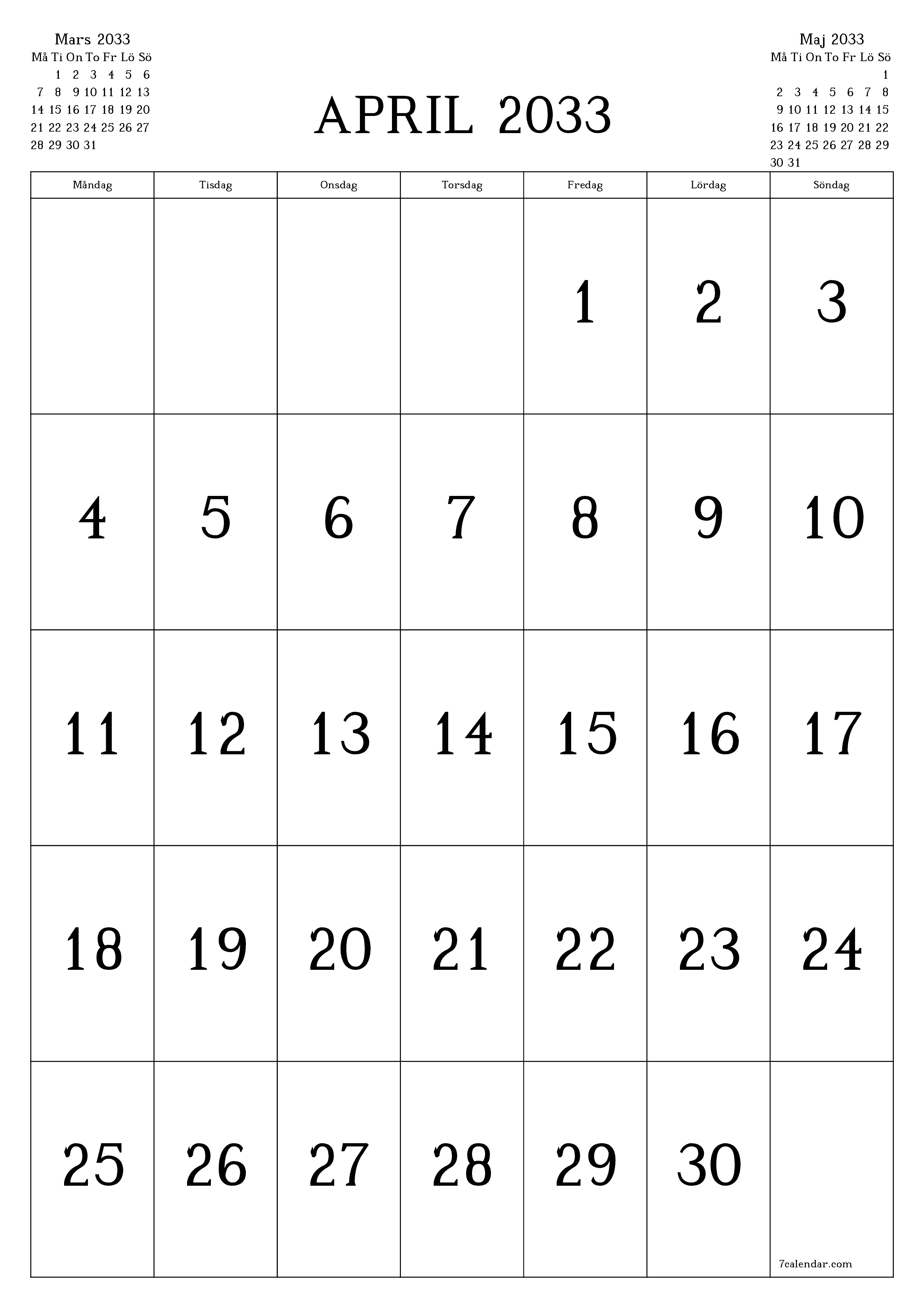 utskrivbar vägg mall gratis vertikal Månatlig kalender April (Apr) 2033