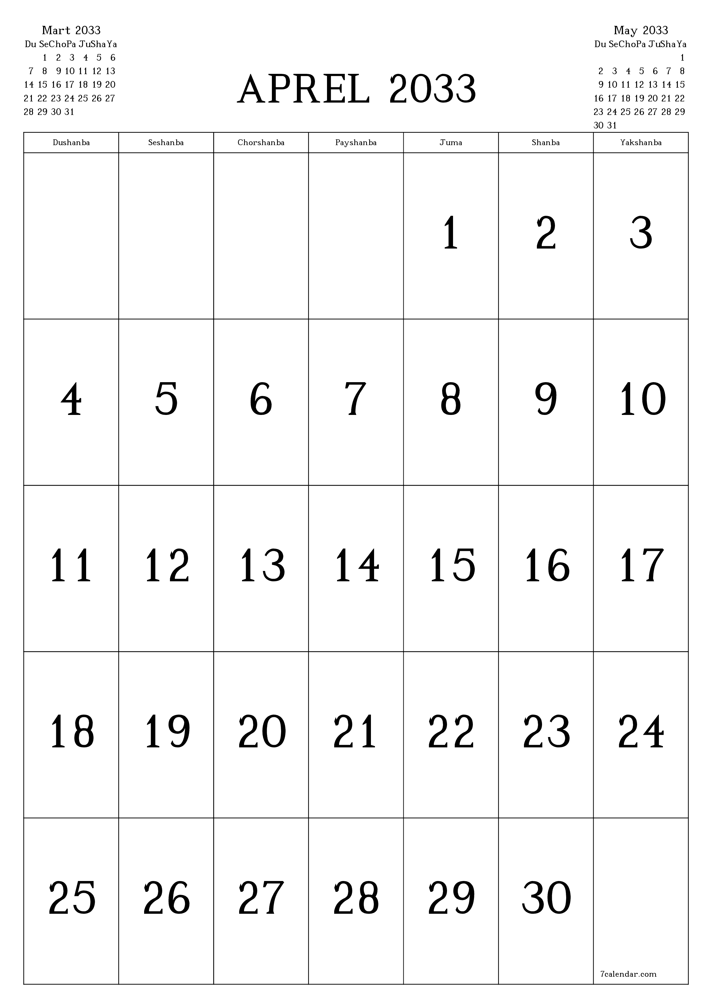chop etiladigan devor taqvimi shabloni bepul vertikal Oylik kalendar Aprel (Apr) 2033