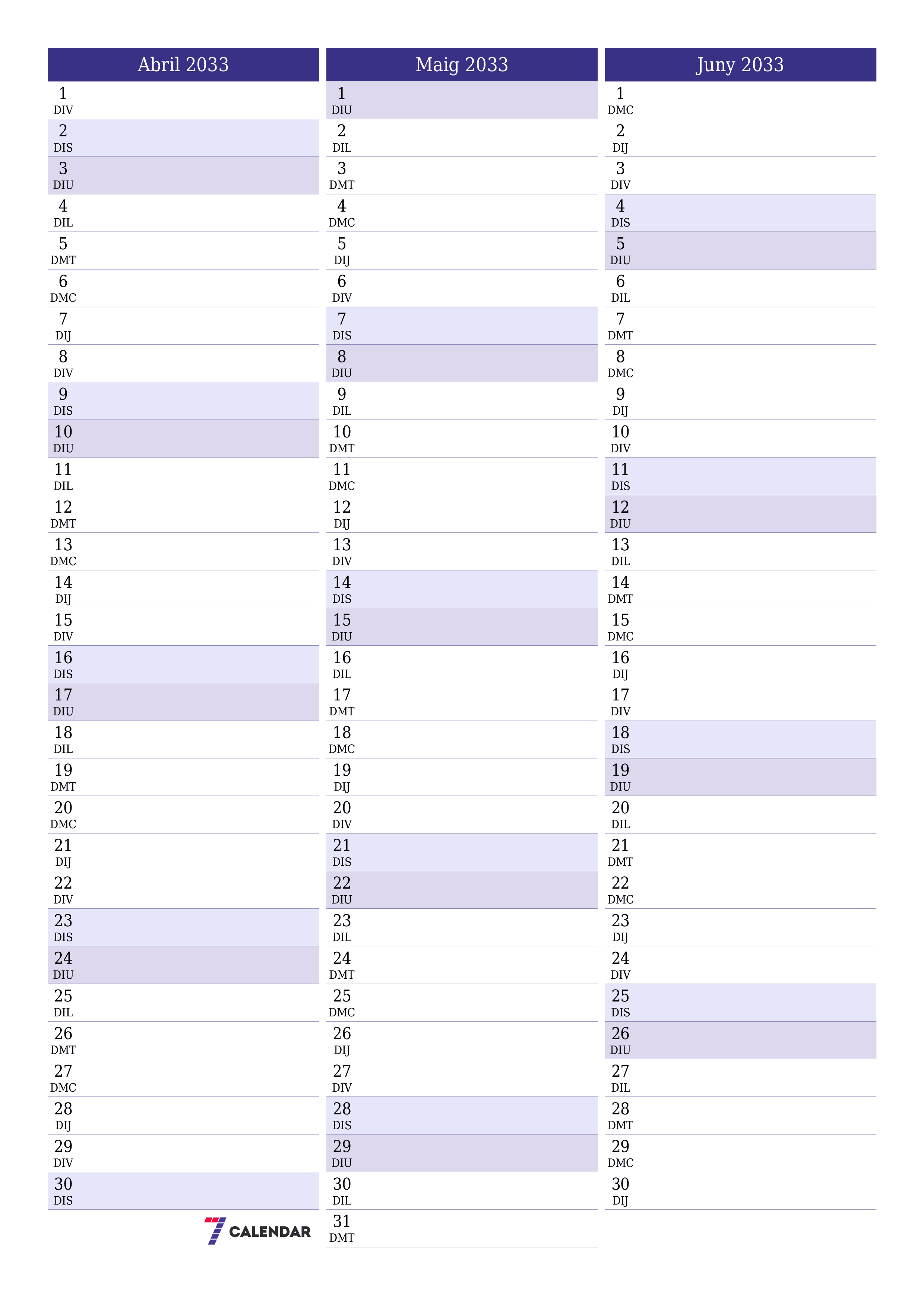 Planificador mensual buit del mes Abril 2033 amb notes, deseu-lo i imprimiu-lo en format PDF PNG Catalan