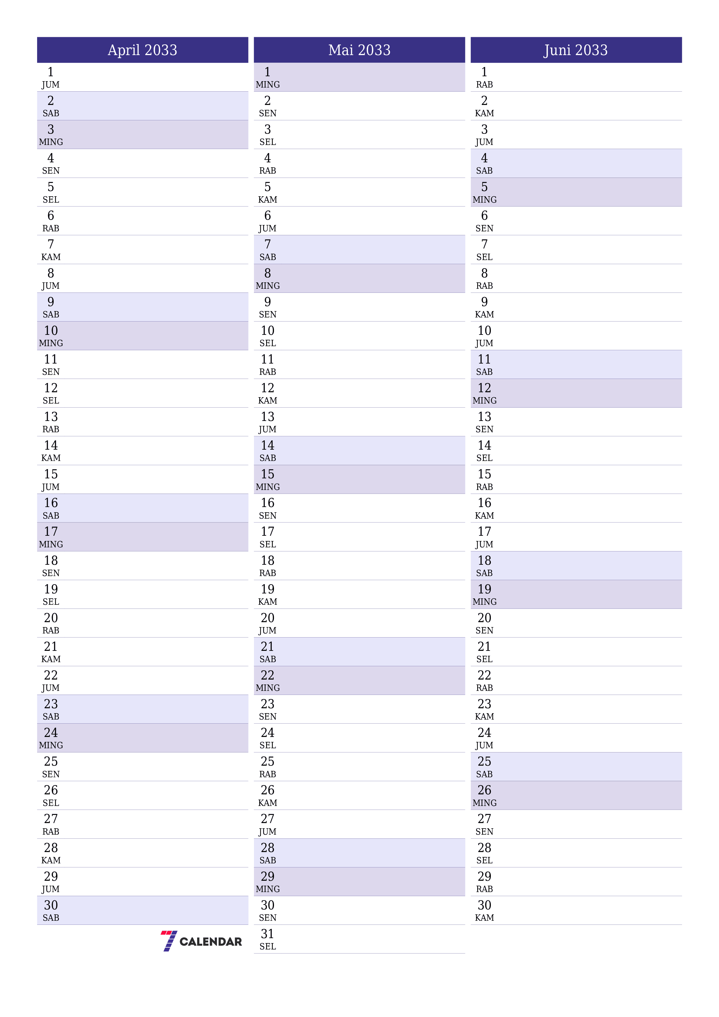  yang dapat dicetak dinding templat gratisvertikal Bulanan perencana kalender April (Apr) 2033