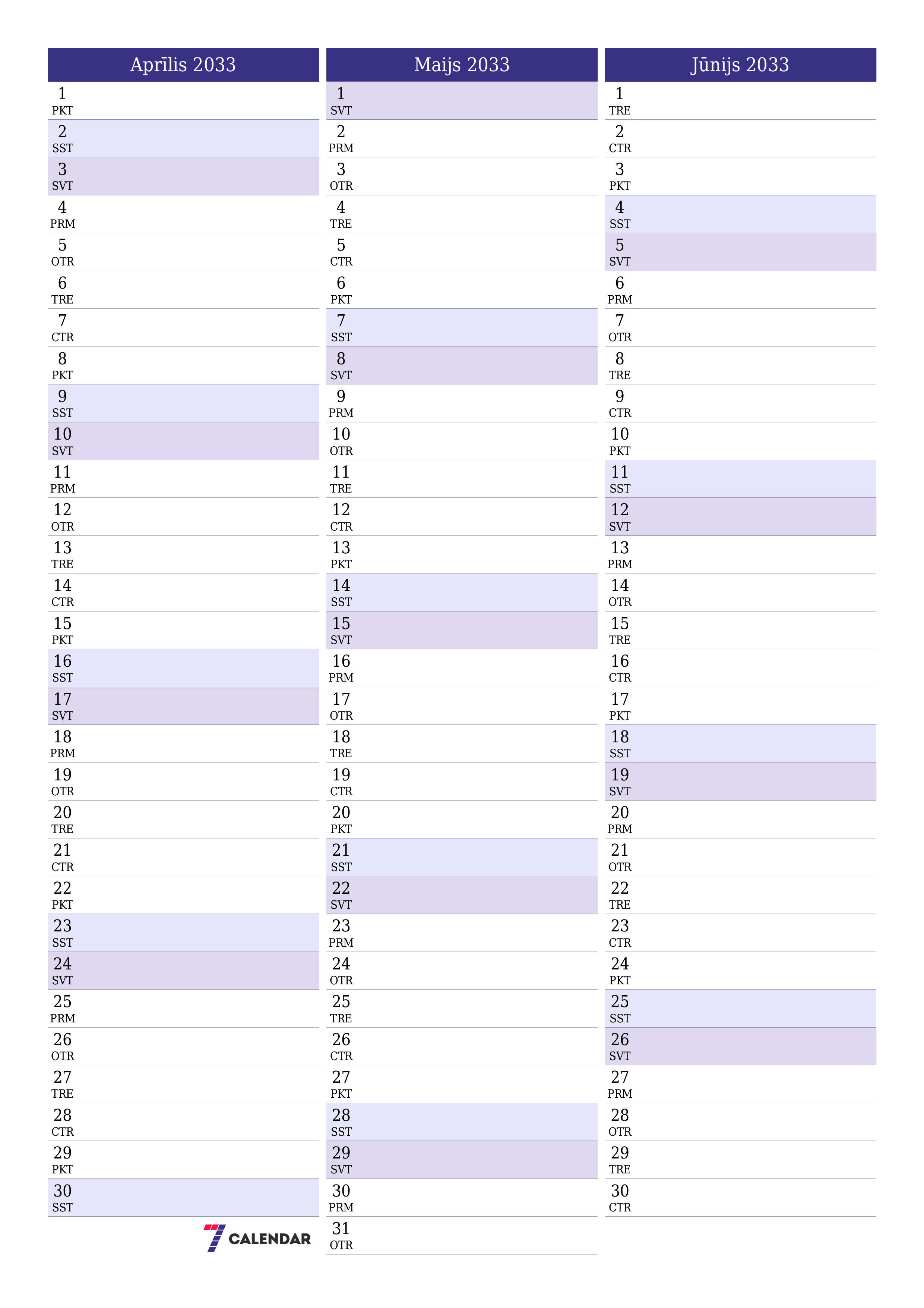izdrukājams sienas kalendāra veidne bezmaksas vertikāli Mēneša plānotājs kalendārs Aprīlis (Apr) 2033