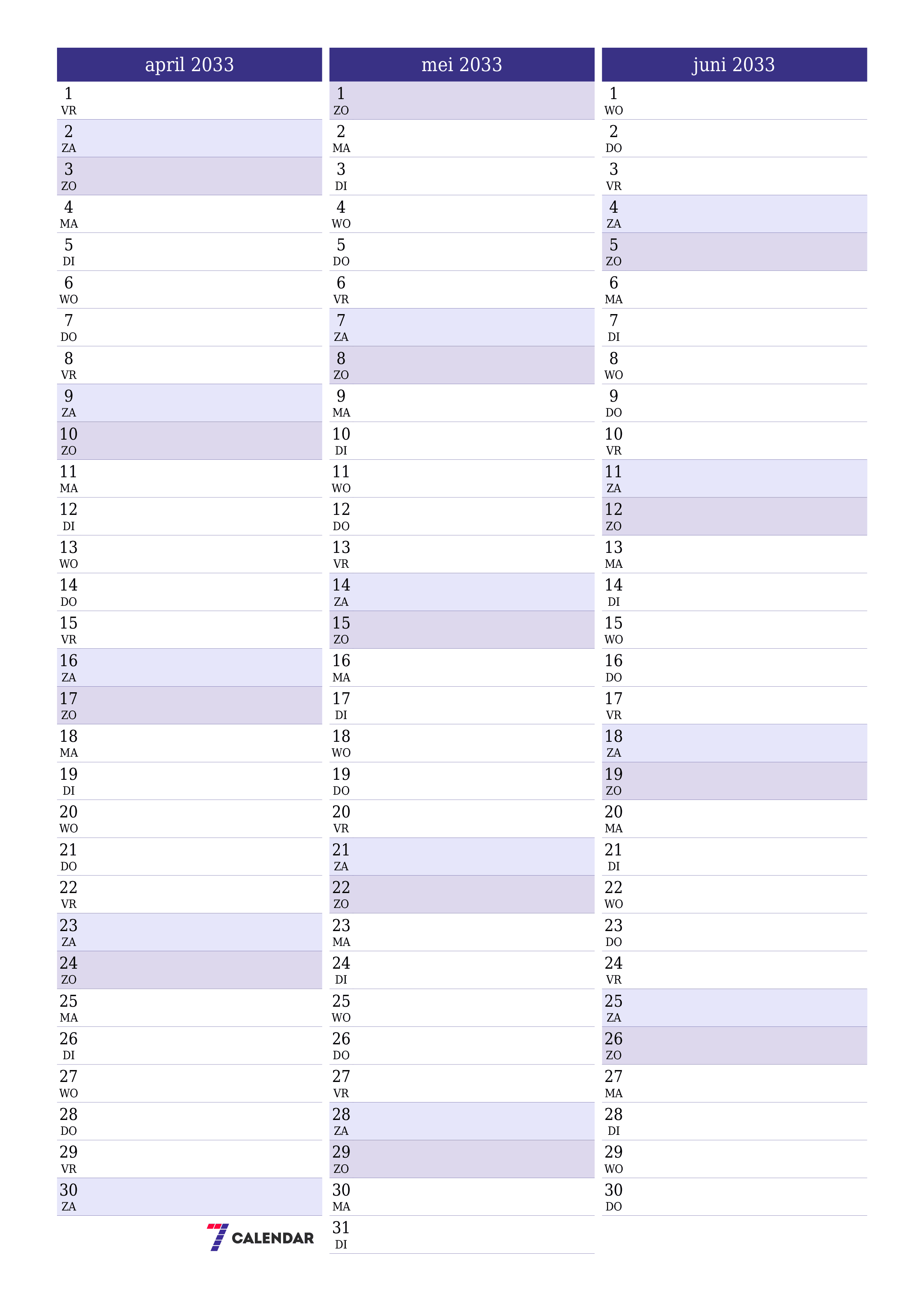 afdrukbare muur sjabloon gratis verticaal Maandelijks planner kalender april (apr) 2033
