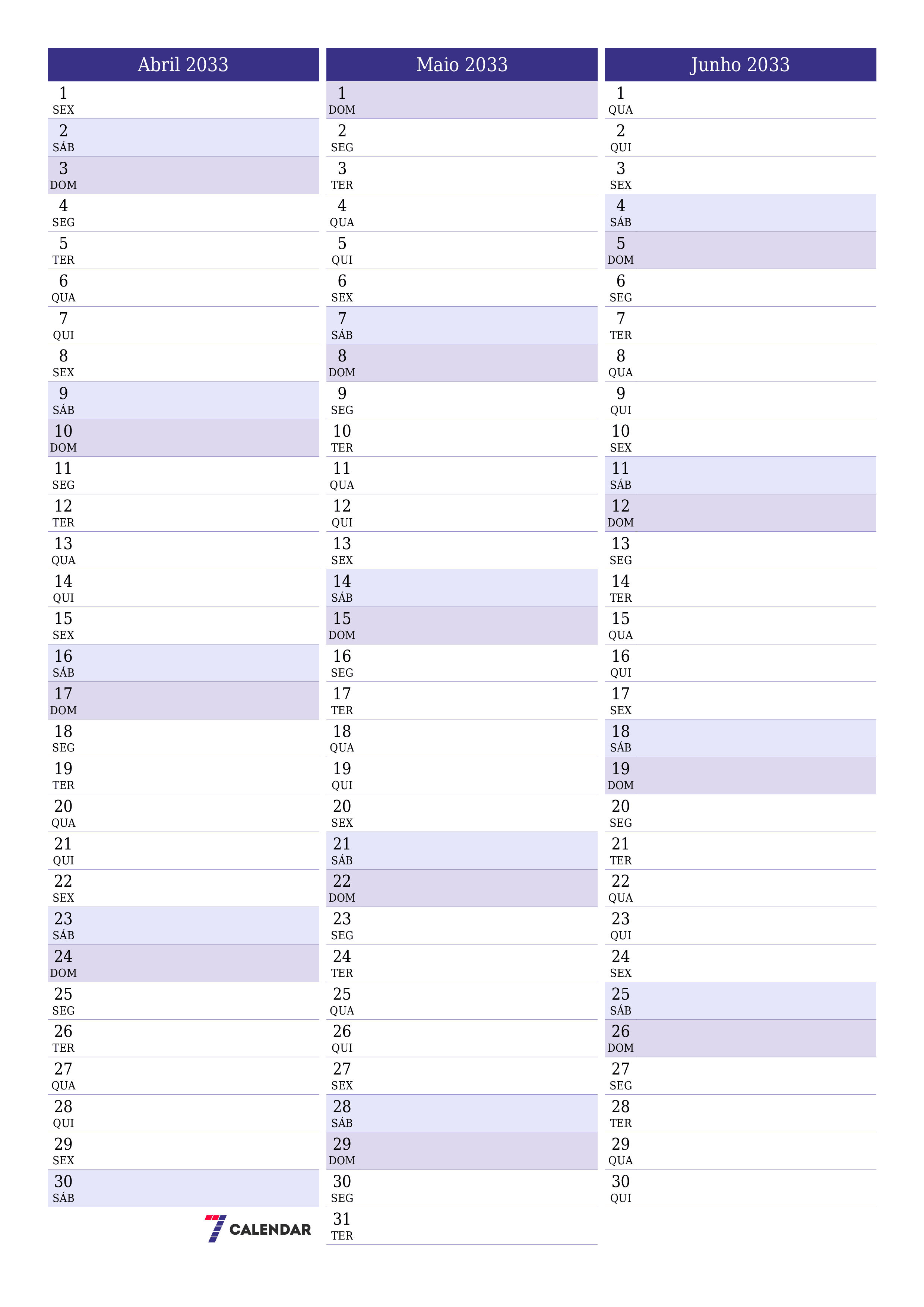  para impressão de parede modelo de grátisvertical Mensal planejador calendário Abril (Abr) 2033