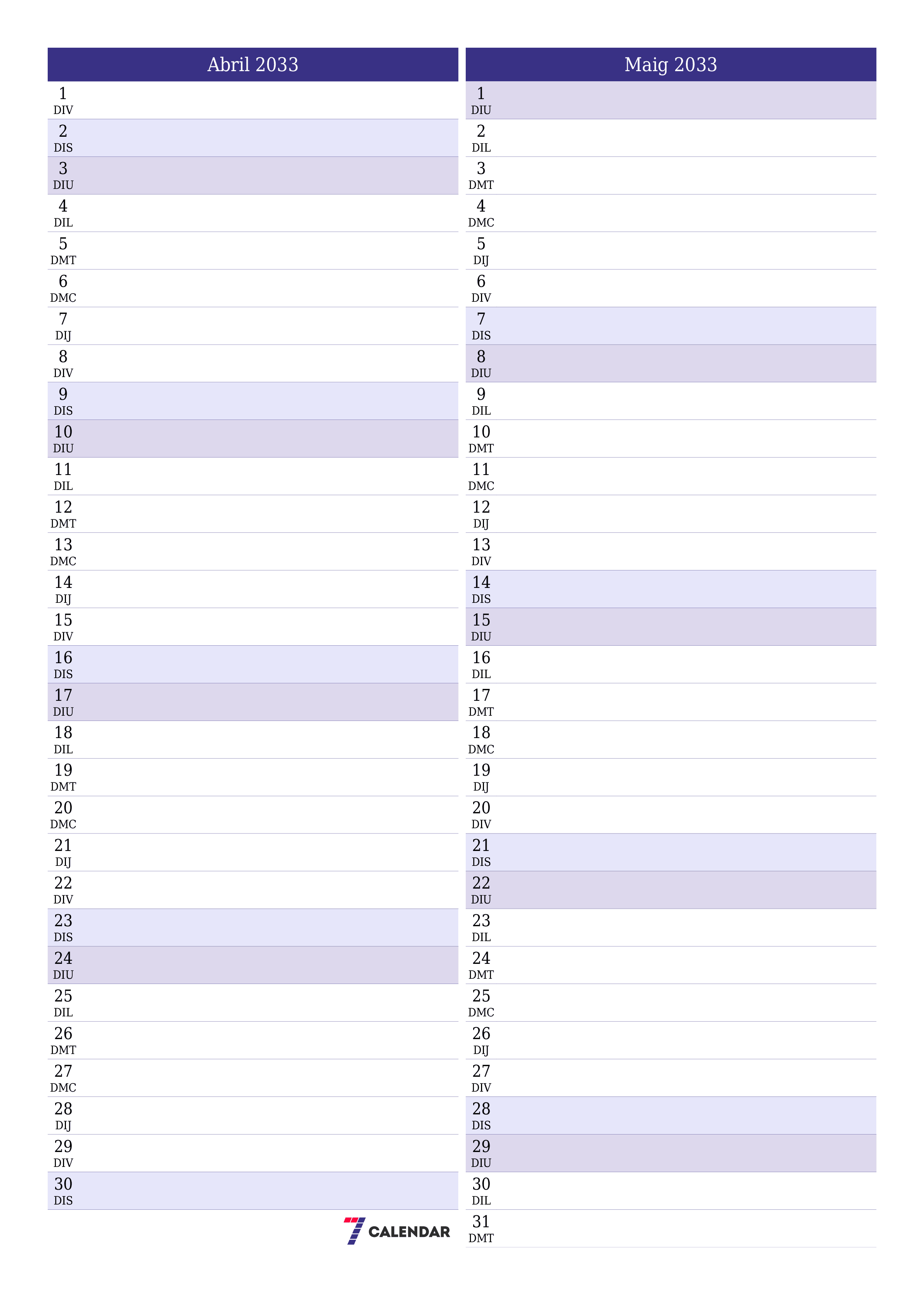 Planificador mensual buit del mes Abril 2033 amb notes, deseu-lo i imprimiu-lo en format PDF PNG Catalan