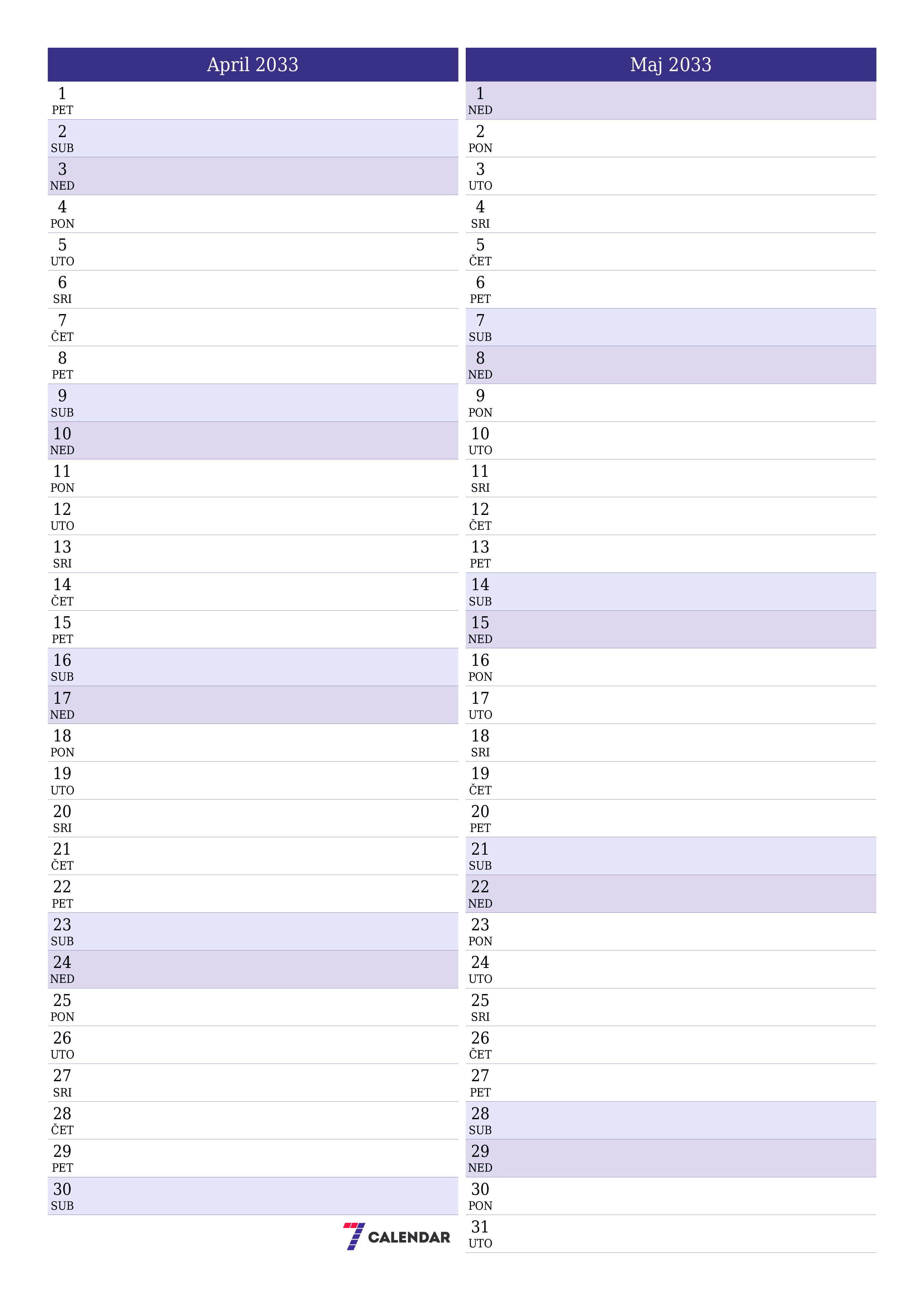  za štampanje zidni šablon a besplatni vertikalno Mjesečno planer kalendar April (Apr) 2033