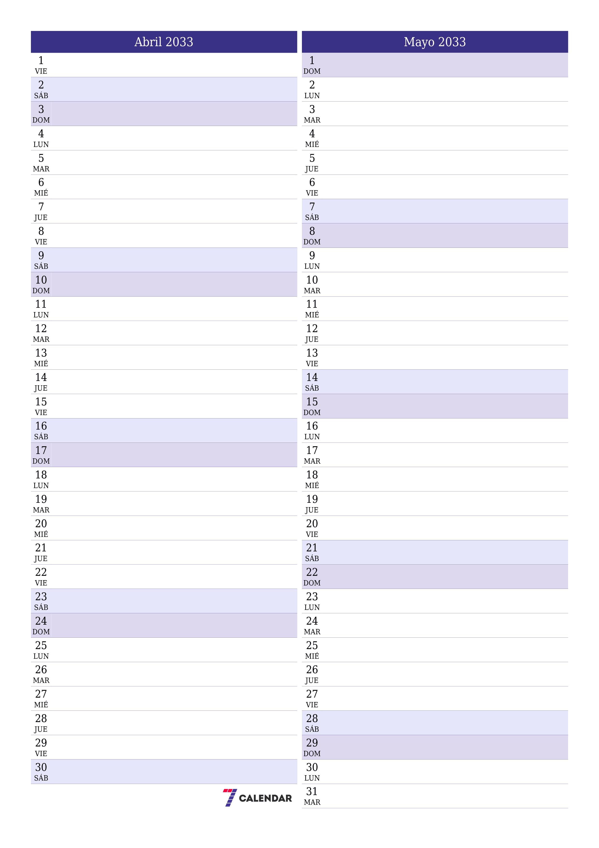  imprimible de pared plantilla de gratisvertical Mensual planificador calendario Abril (Abr) 2033