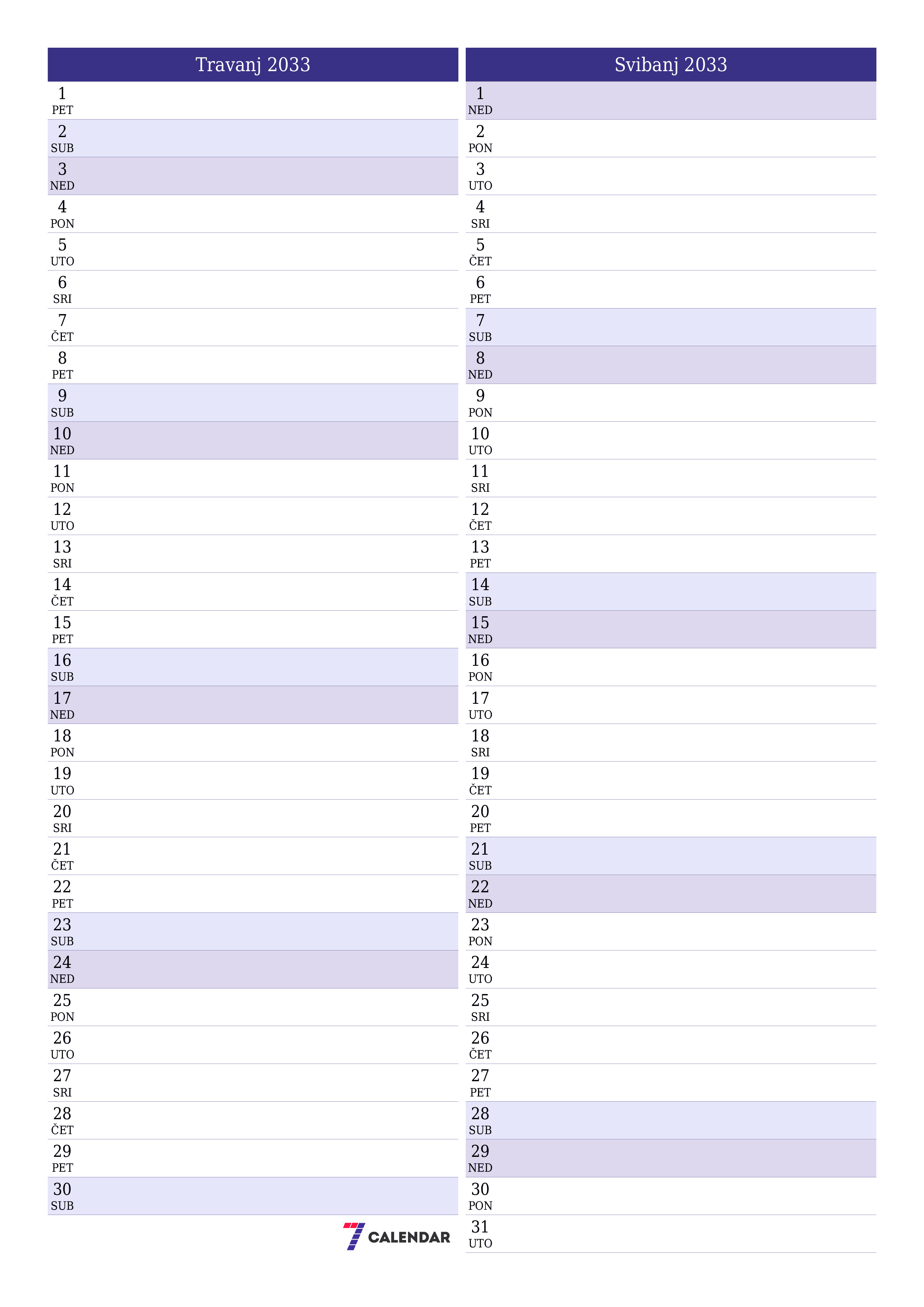  za ispis zidni predložak a besplatni okomito Mjesečni planer kalendar Travanj (Tra) 2033