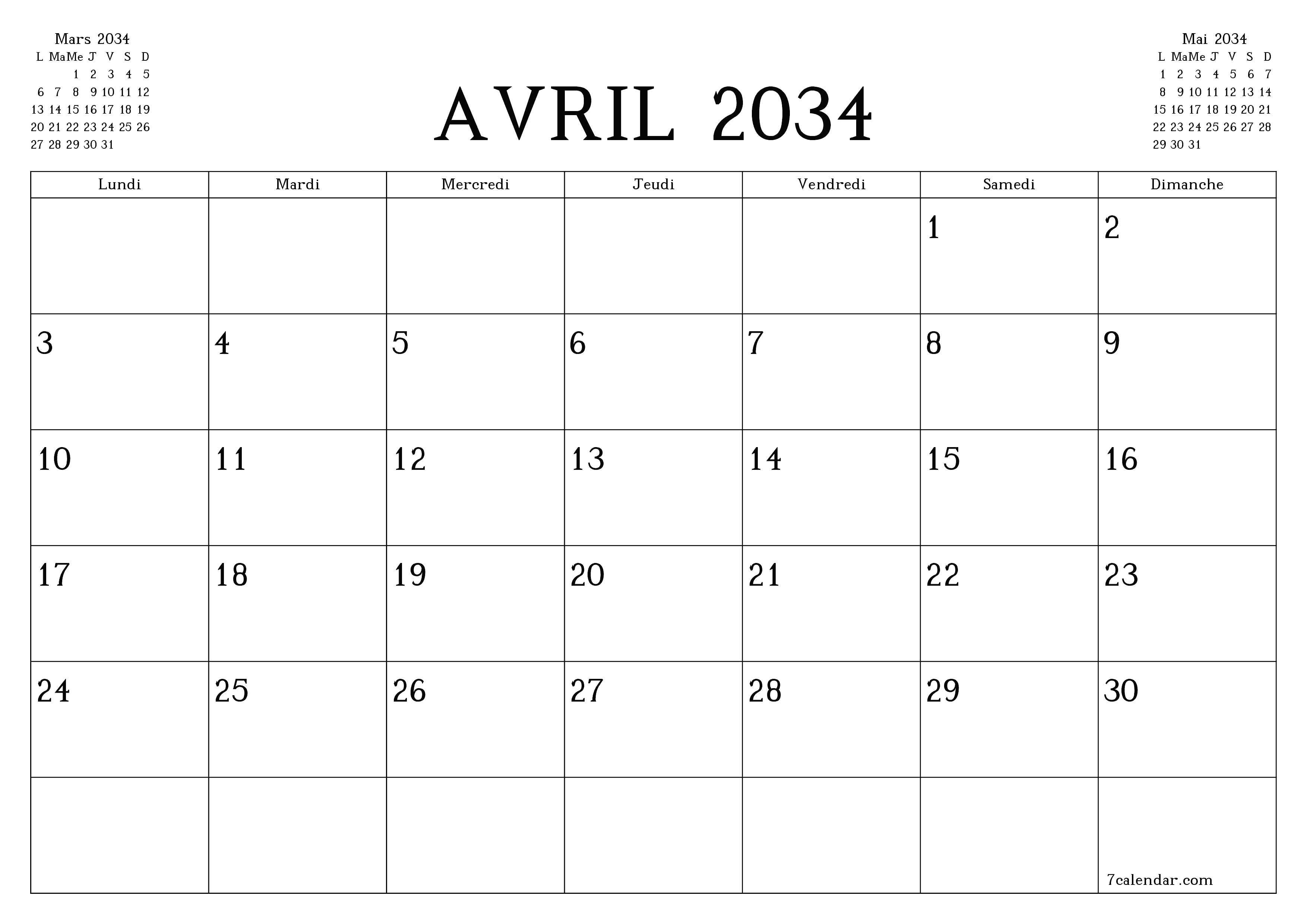 Agenda mensuel vide pour le mois Avril 2034 avec notes, enregistrez et imprimez au format PDF PNG French