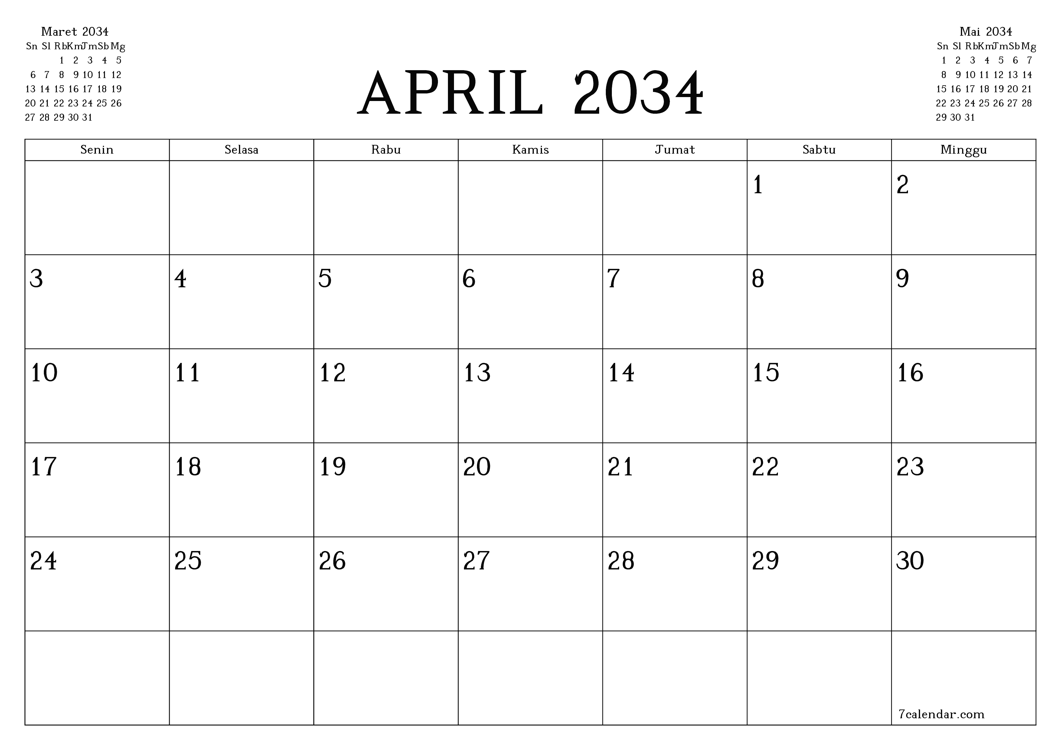 Kosongkan agenda bulanan untuk bulan April 2034 dengan catatan, simpan dan cetak ke PDF PNG Indonesian