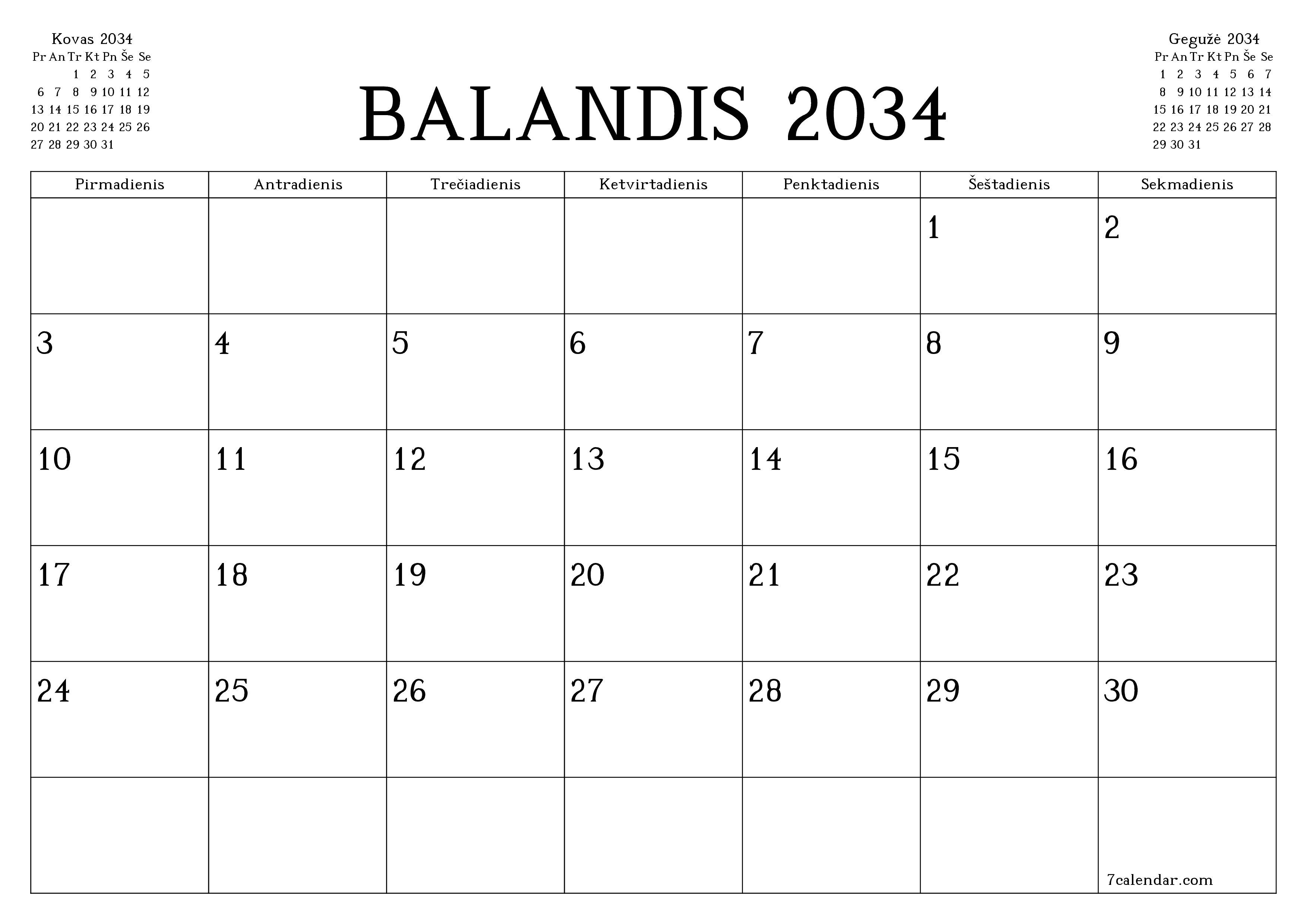 Ištuštinti mėnesio Balandis 2034 mėnesio planavimo priemonę su užrašais, išsaugoti ir atsispausdinti PDF formate PNG Lithuanian