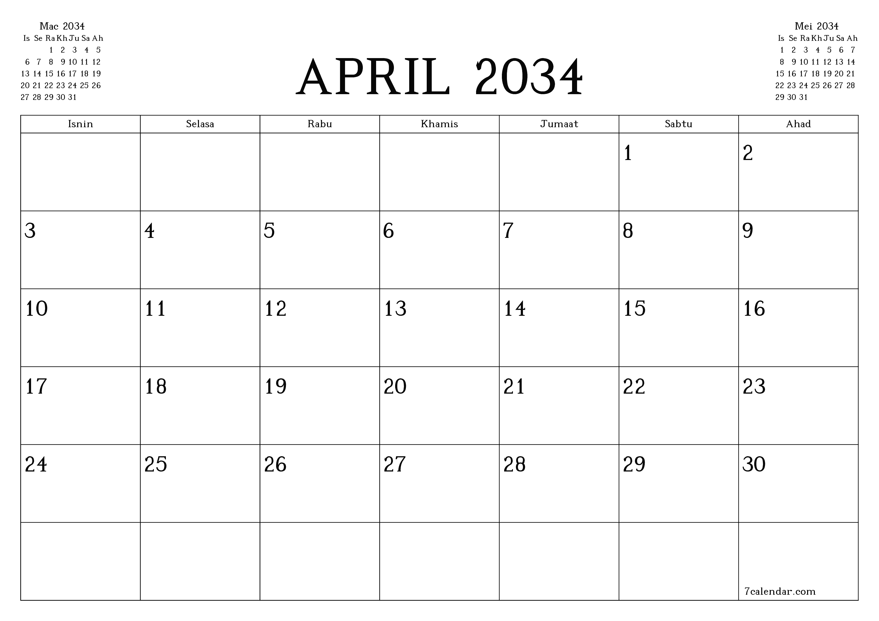 Perancang bulanan kosong untuk bulan April 2034 dengan nota, simpan dan cetak ke PDF PNG Malay