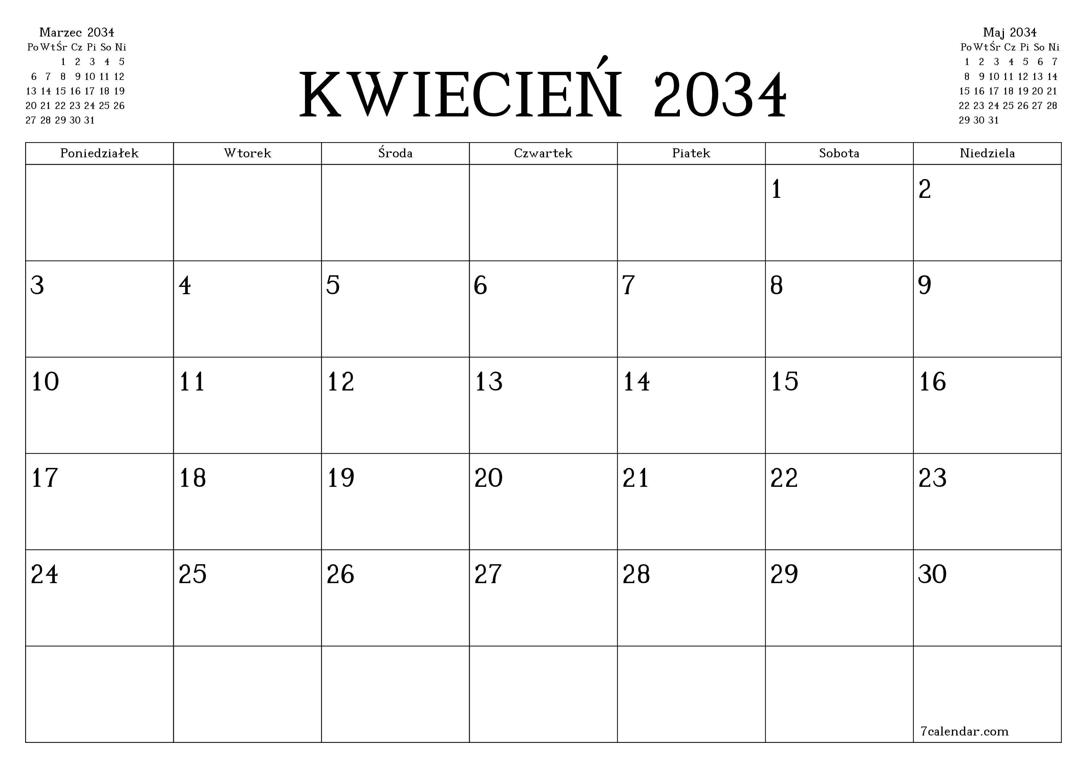 Opróżnij miesięczny planer na miesiąc Kwiecień 2034 z notatkami, zapisz i wydrukuj w formacie PDF PNG Polish