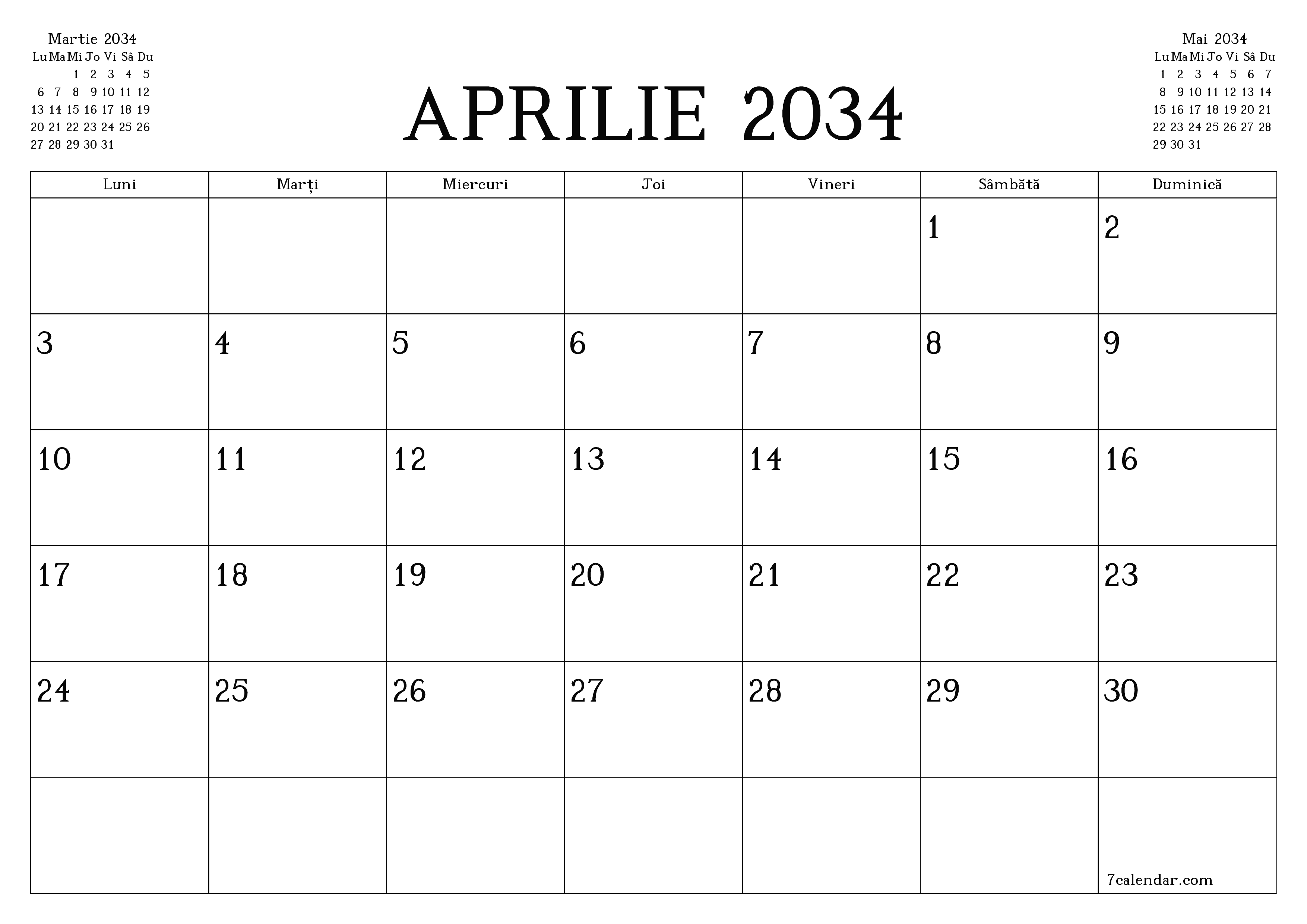 Planificator lunar gol pentru luna Aprilie 2034 cu note, salvați și tipăriți în PDF PNG Romanian