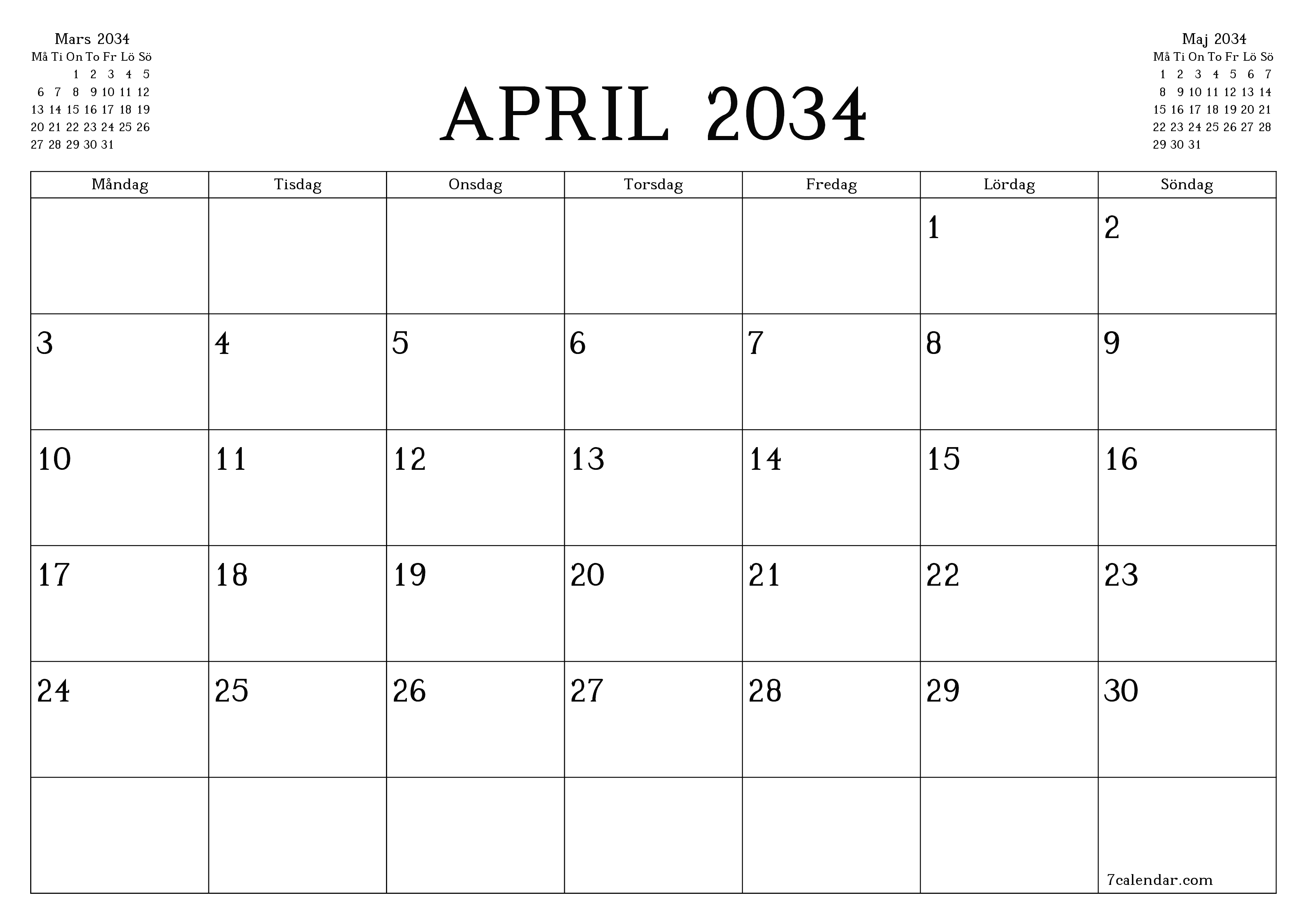 Tom månadsplanerare för månad April 2034 med anteckningar, spara och skriv ut till PDF PNG Swedish