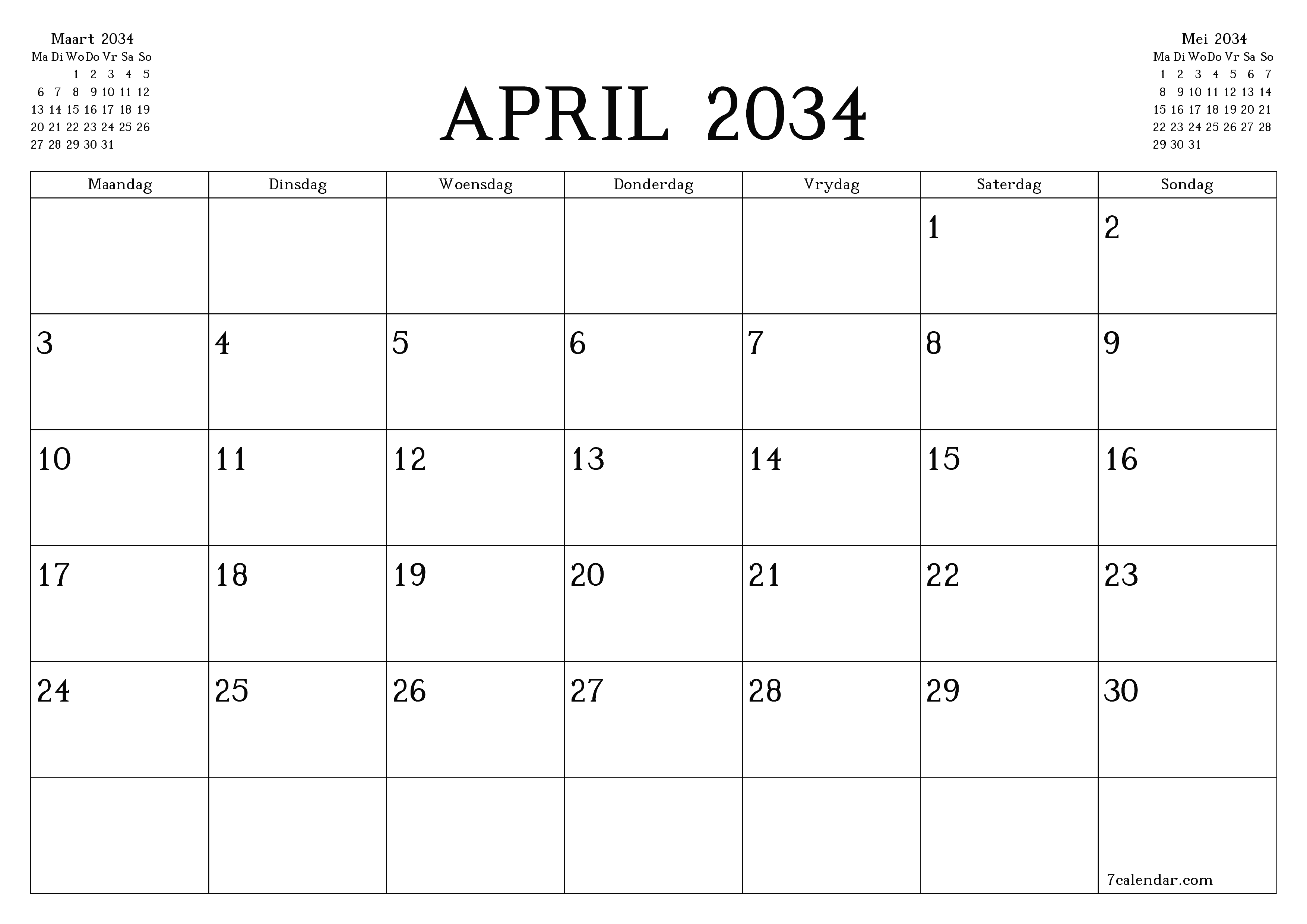 Leë maandelikse drukbare kalender en beplanner vir maand April 2034 met notas stoor en druk na PDF PNG Afrikaans
