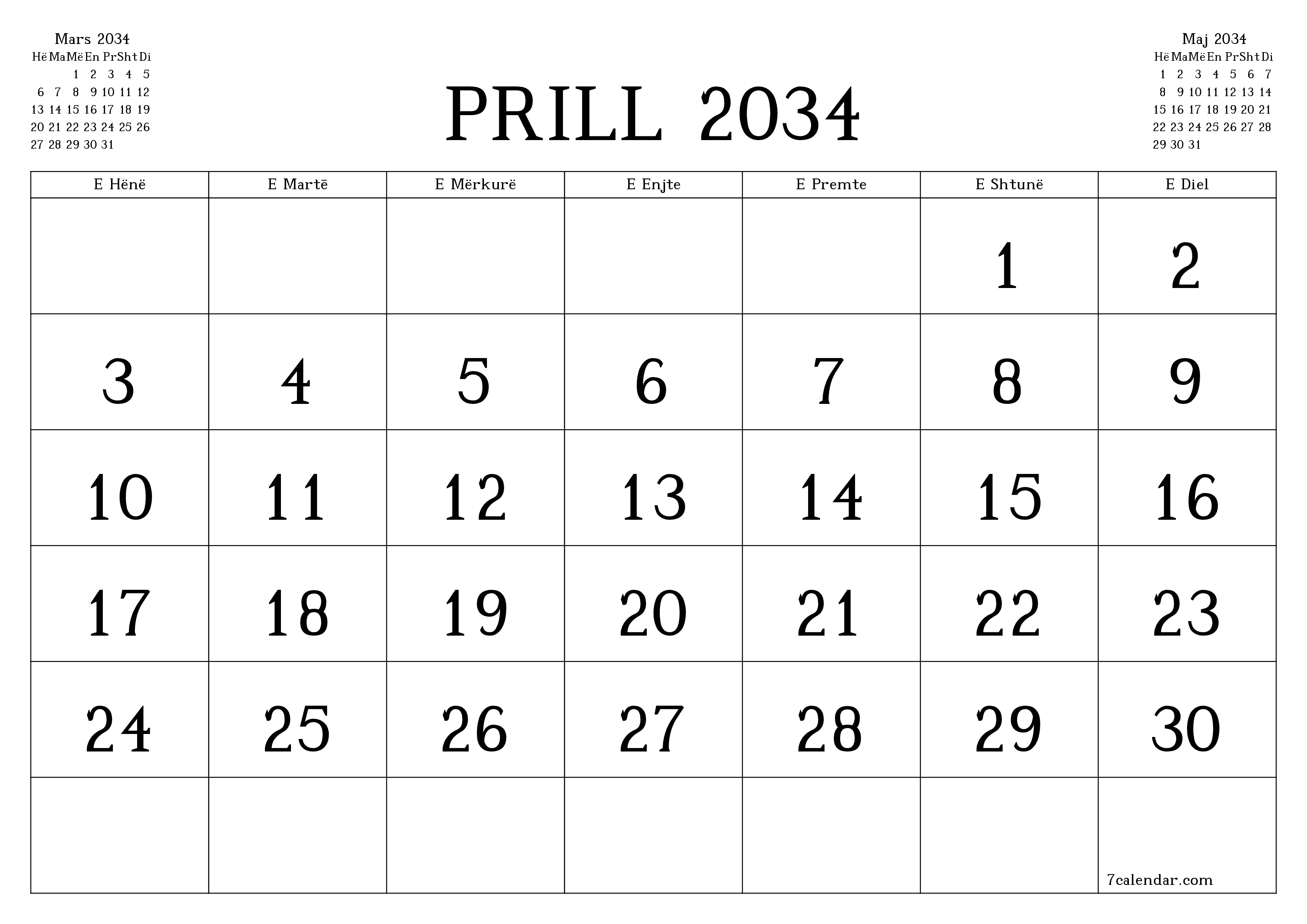 Planifikuesi i zbrazët i kalendarit mujor për muajin Prill 2034 me shënime të ruajtura dhe të printuara në PDF PNG Albanian