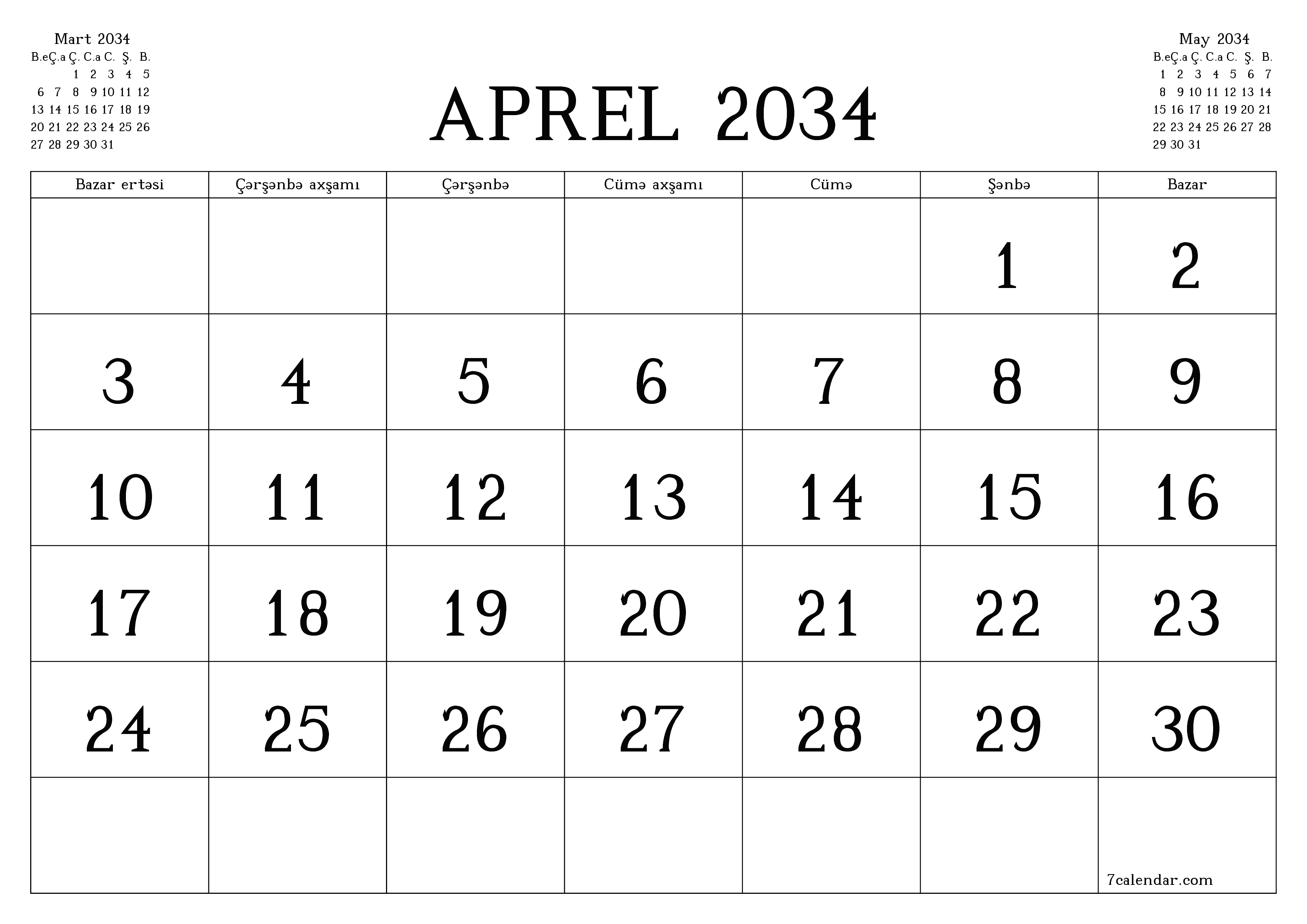 Aprel 2034 ayı üçün qeydlər ilə boş aylıq planlayıcı, qeyd edin və PDF-ə yazdırın PNG Azerbaijani