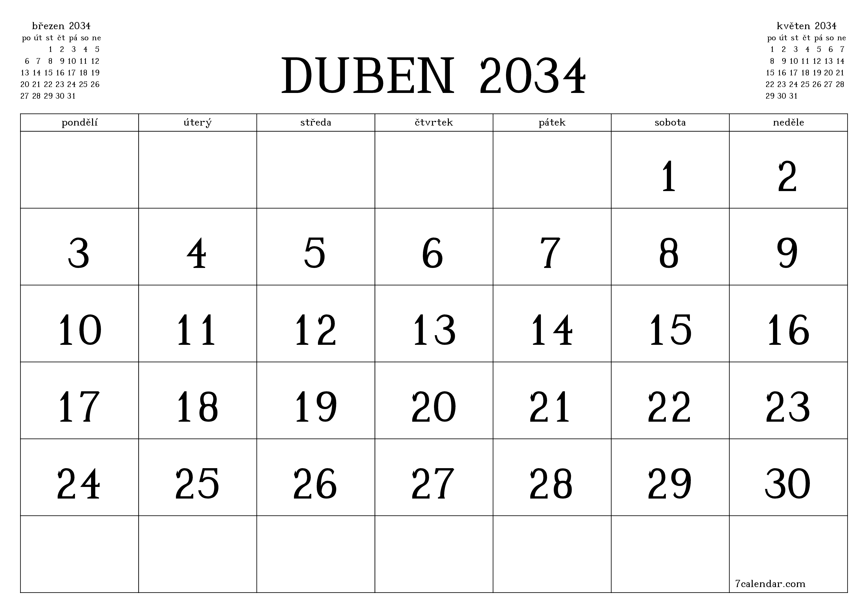 Vyprázdnit měsíční plánovač na měsíc duben 2034 s poznámkami, uložit a vytisknout do PDF PNG Czech