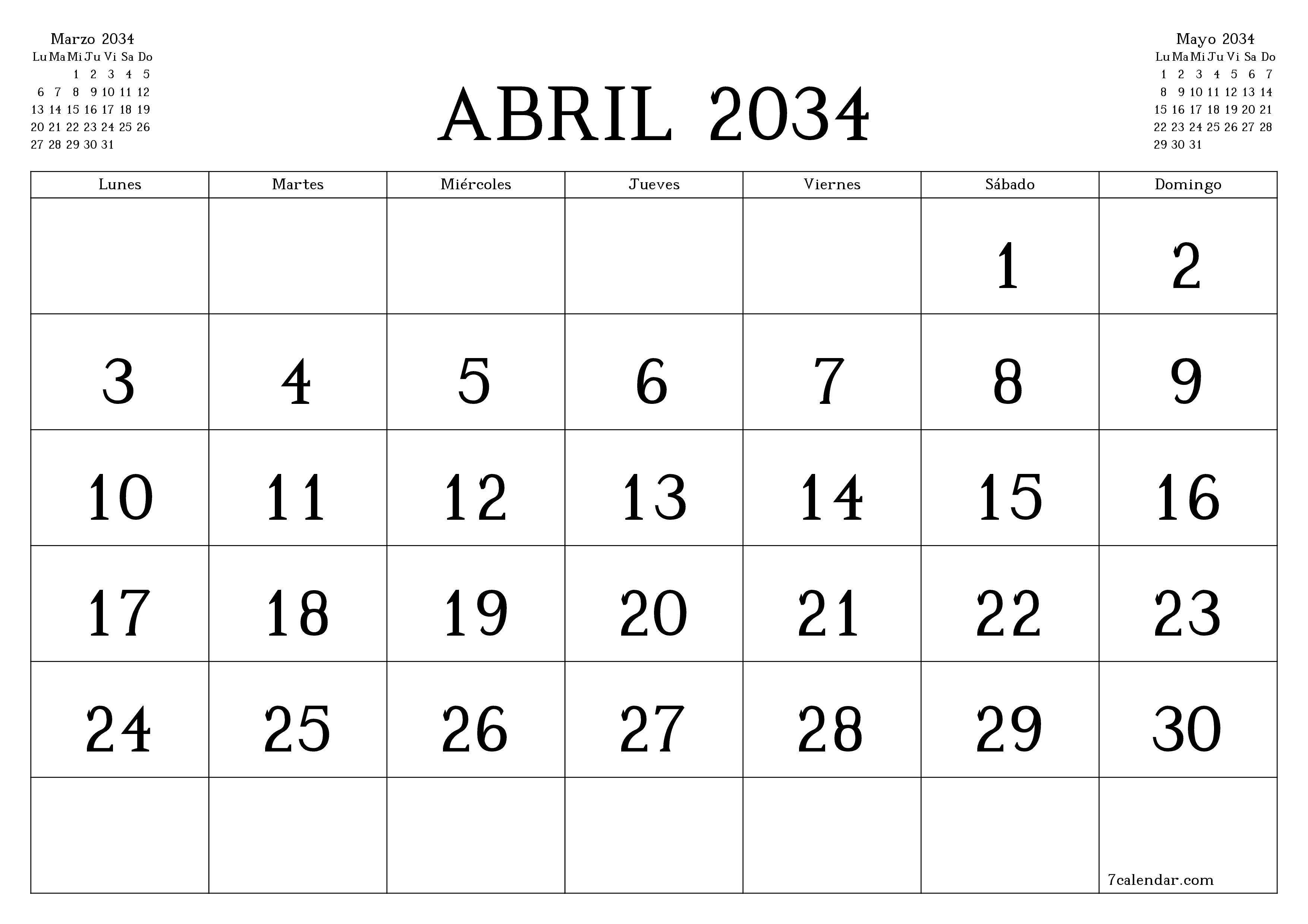 Planificador mensual vacío para el mes Abril 2034 con notas, guardar e imprimir en PDF PNG Spanish
