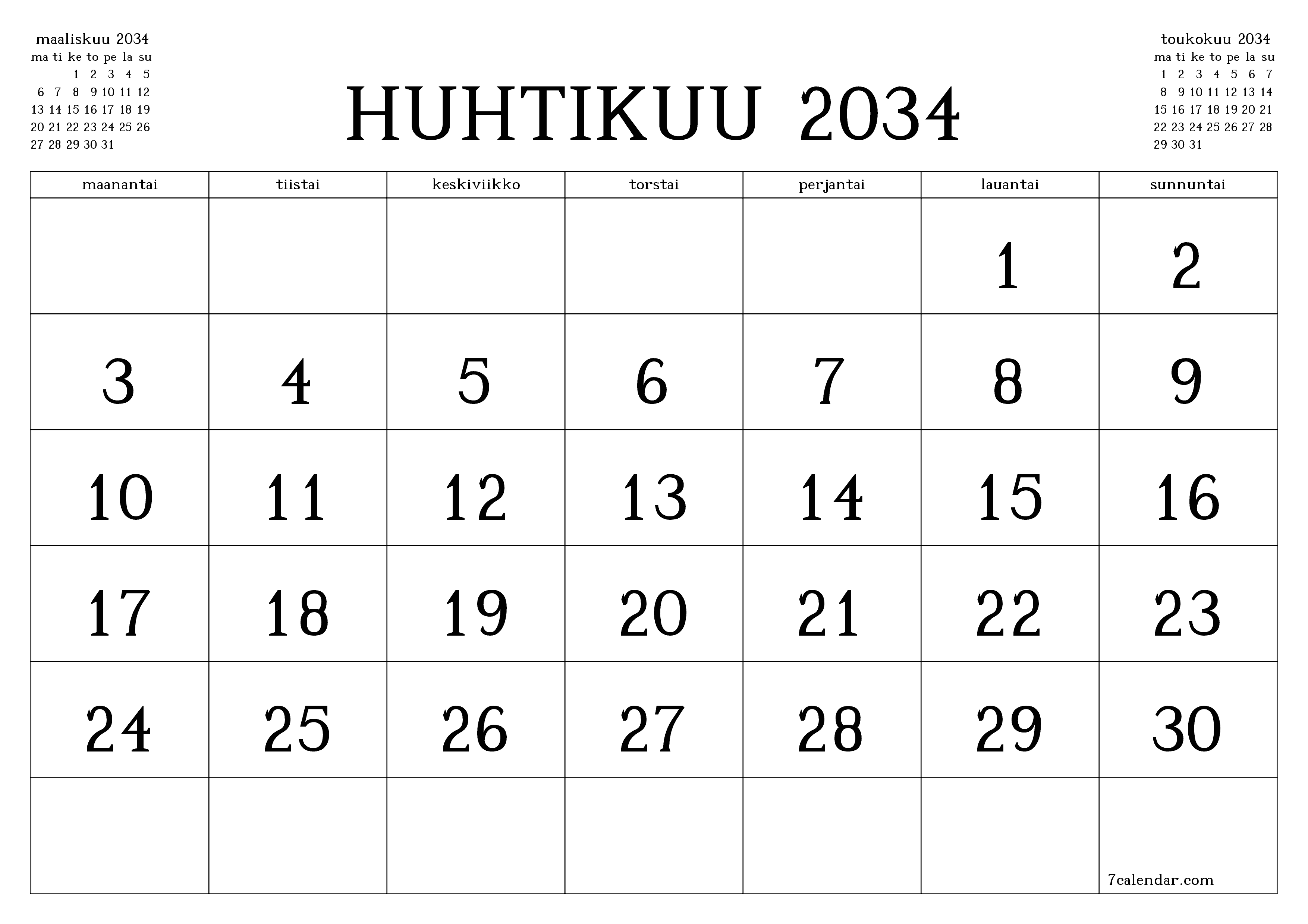 Tyhjennä kuukausittainen suunnittelija kuukaudelle Huhtikuu 2034 muistiinpanoilla, tallenna ja tulosta PDF-muotoon PNG Finnish
