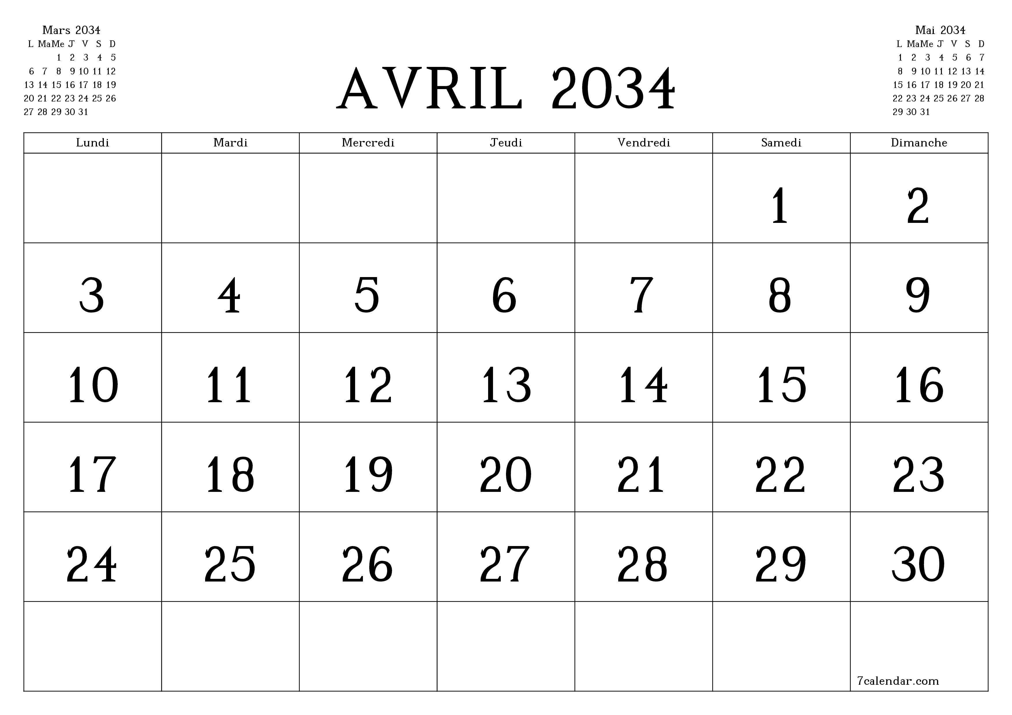 Agenda mensuel vide pour le mois Avril 2034 avec notes, enregistrez et imprimez au format PDF PNG French
