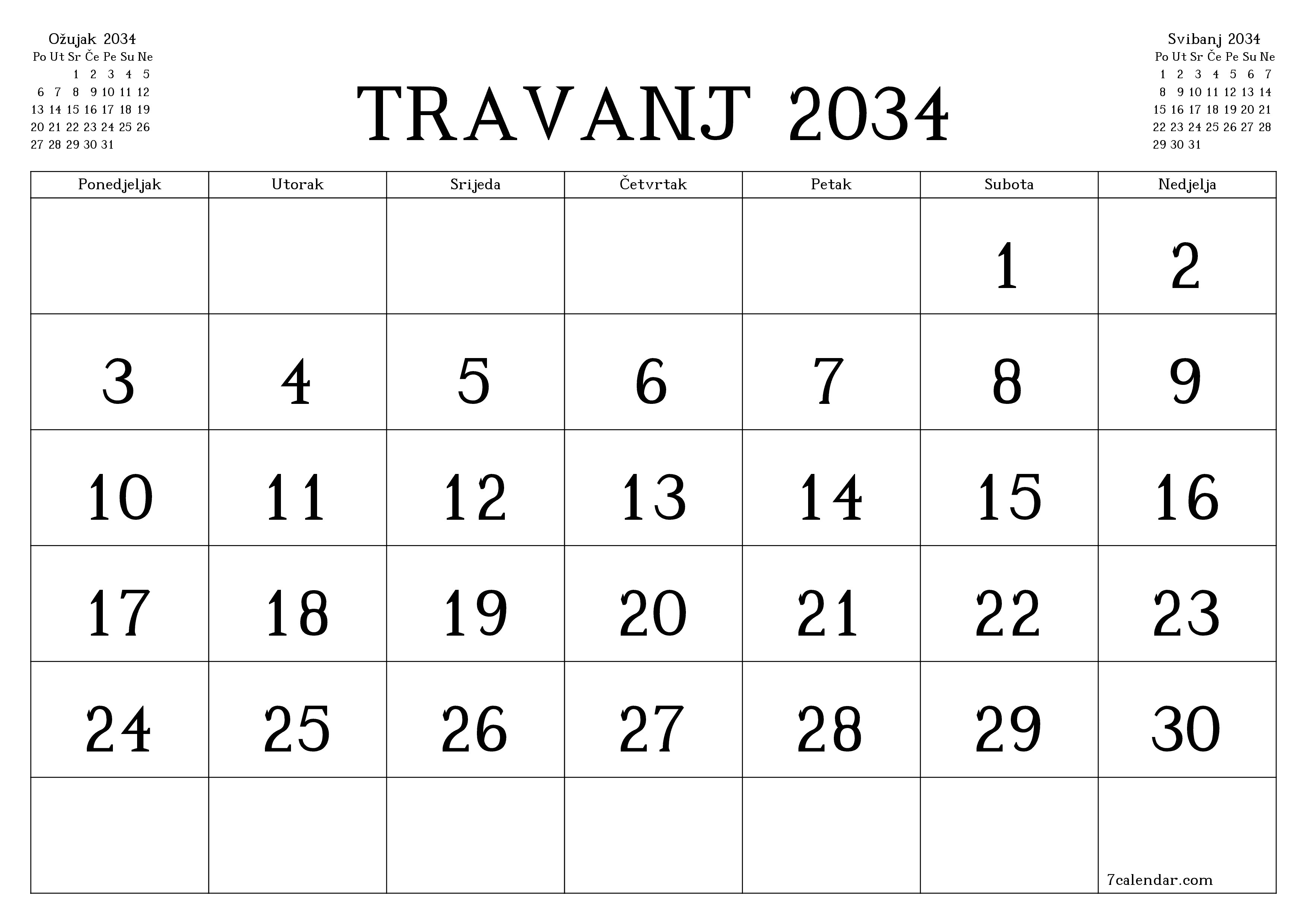 Ispraznite mjesečni planer za mjesec Travanj 2034 s bilješkama, spremite i ispišite u PDF PNG Croatian
