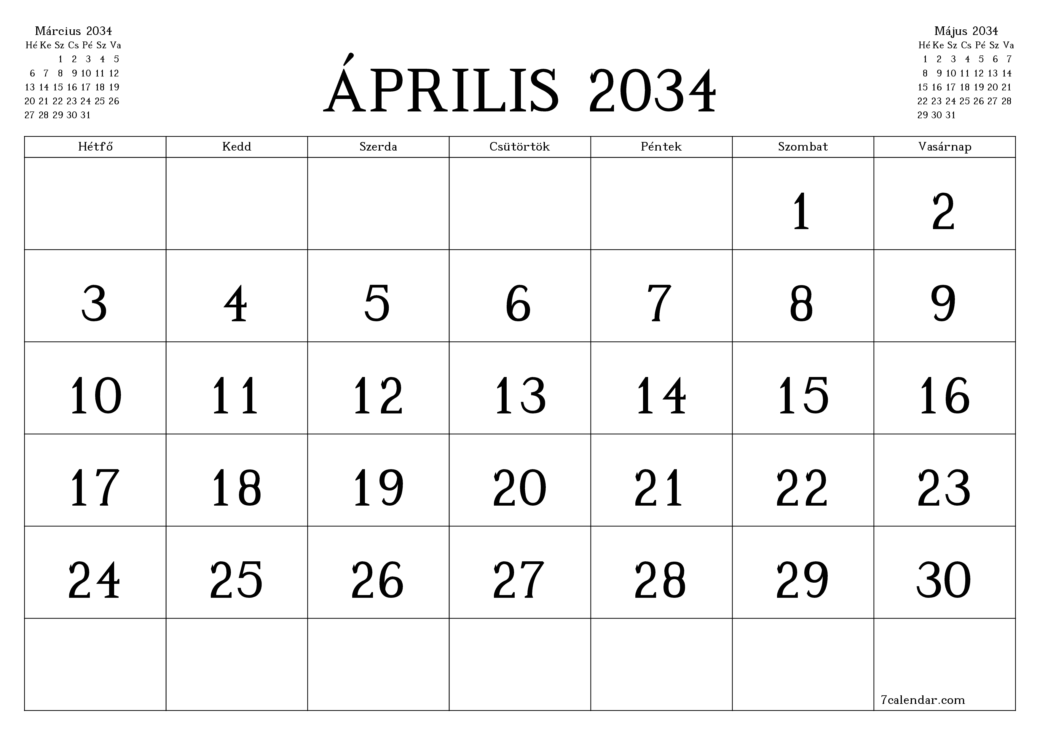 Üres havi tervező a Április 2034 hónapra jegyzetekkel, mentés és nyomtatás PDF-be PNG Hungarian