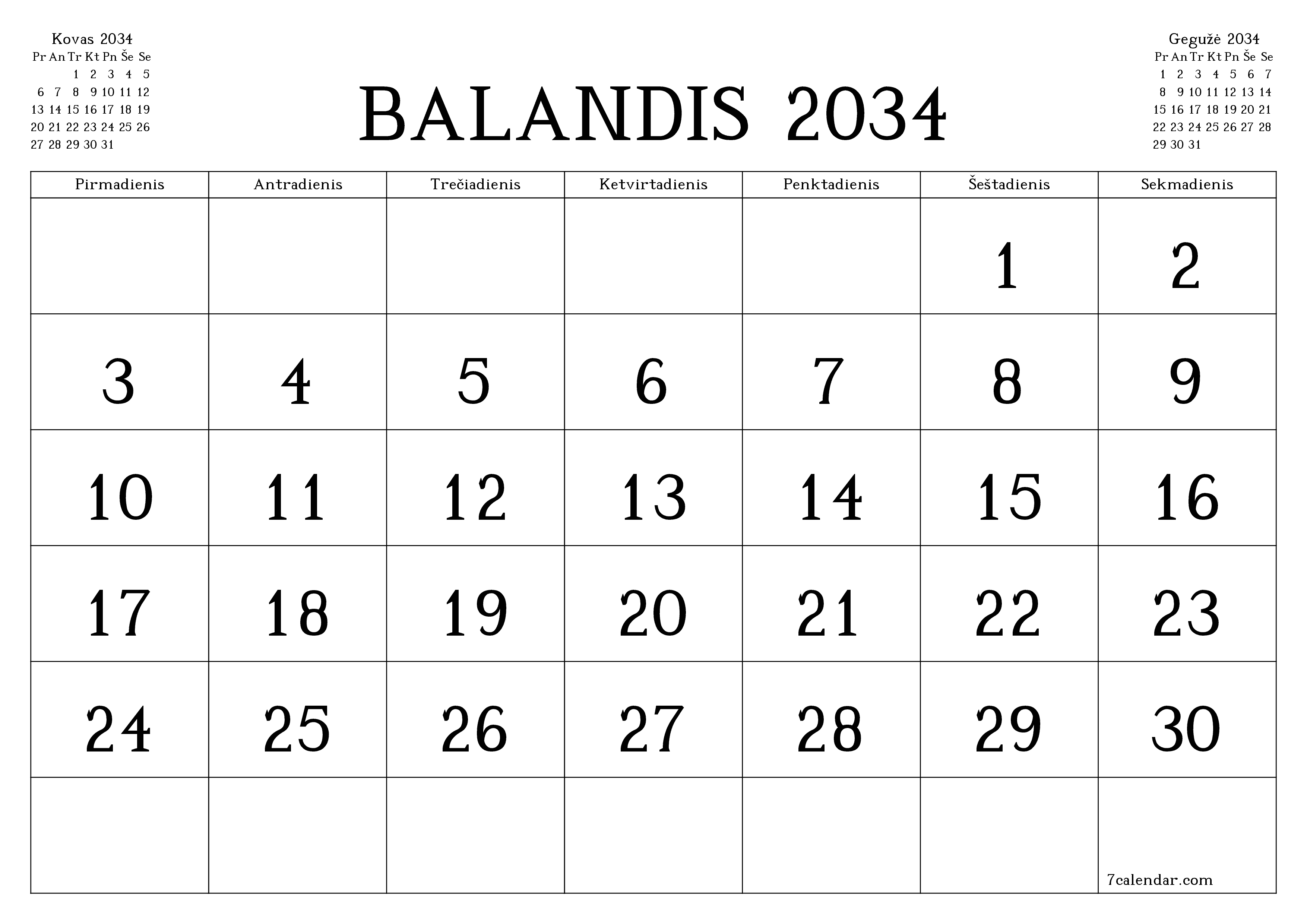 Ištuštinti mėnesio Balandis 2034 mėnesio planavimo priemonę su užrašais, išsaugoti ir atsispausdinti PDF formate PNG Lithuanian
