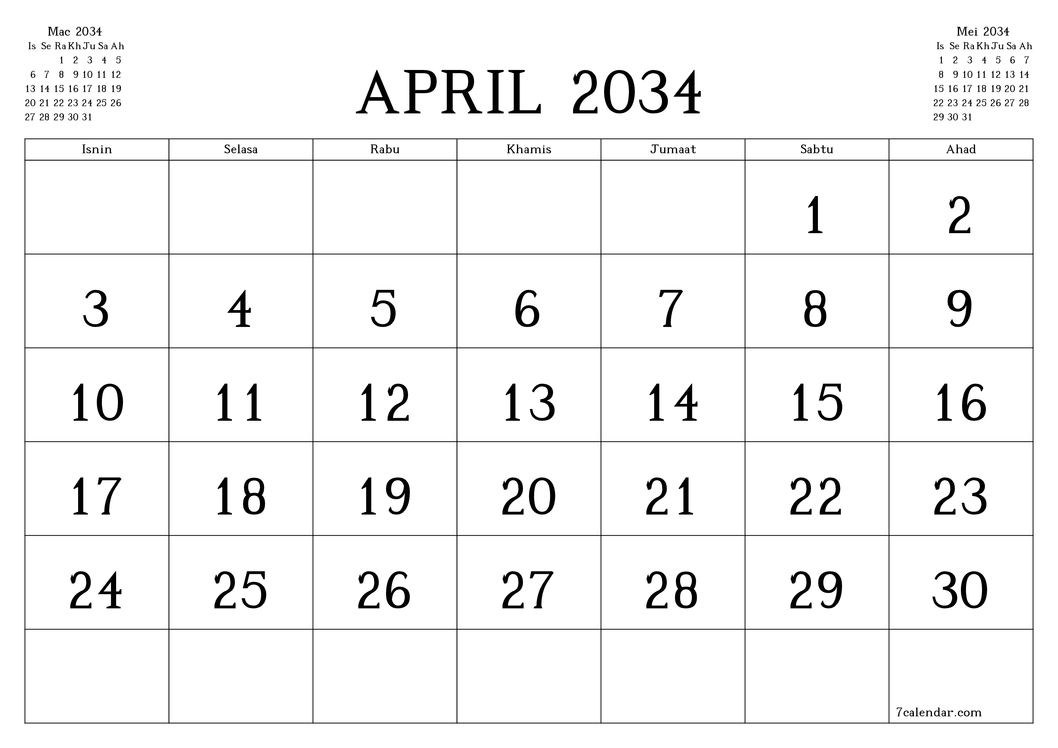 Perancang bulanan kosong untuk bulan April 2034 dengan nota, simpan dan cetak ke PDF PNG Malay