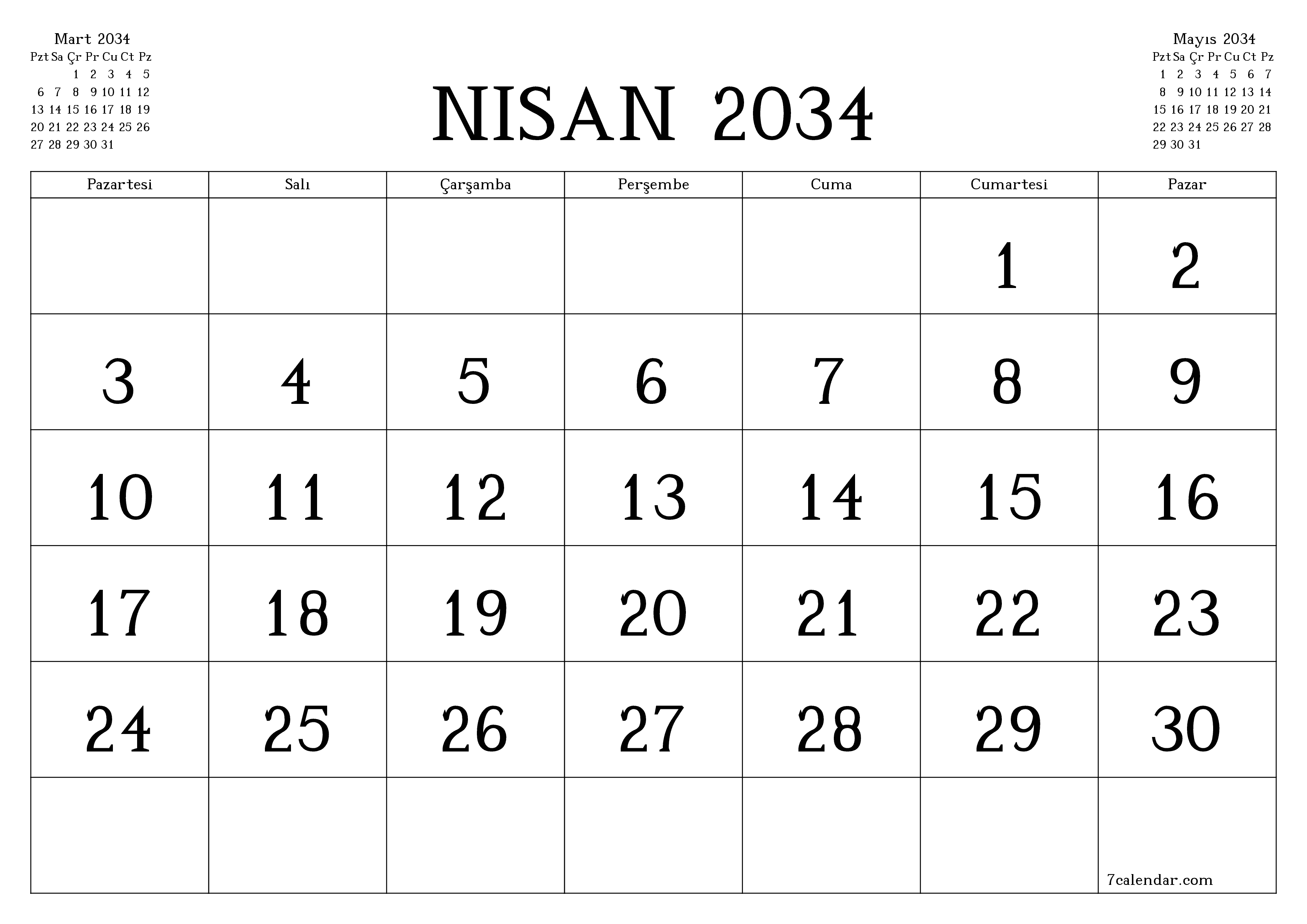 Nisan 2034 ayı için notlarla birlikte boş aylık planlayıcı, kaydedin ve PDF'ye yazdırın PNG Turkish