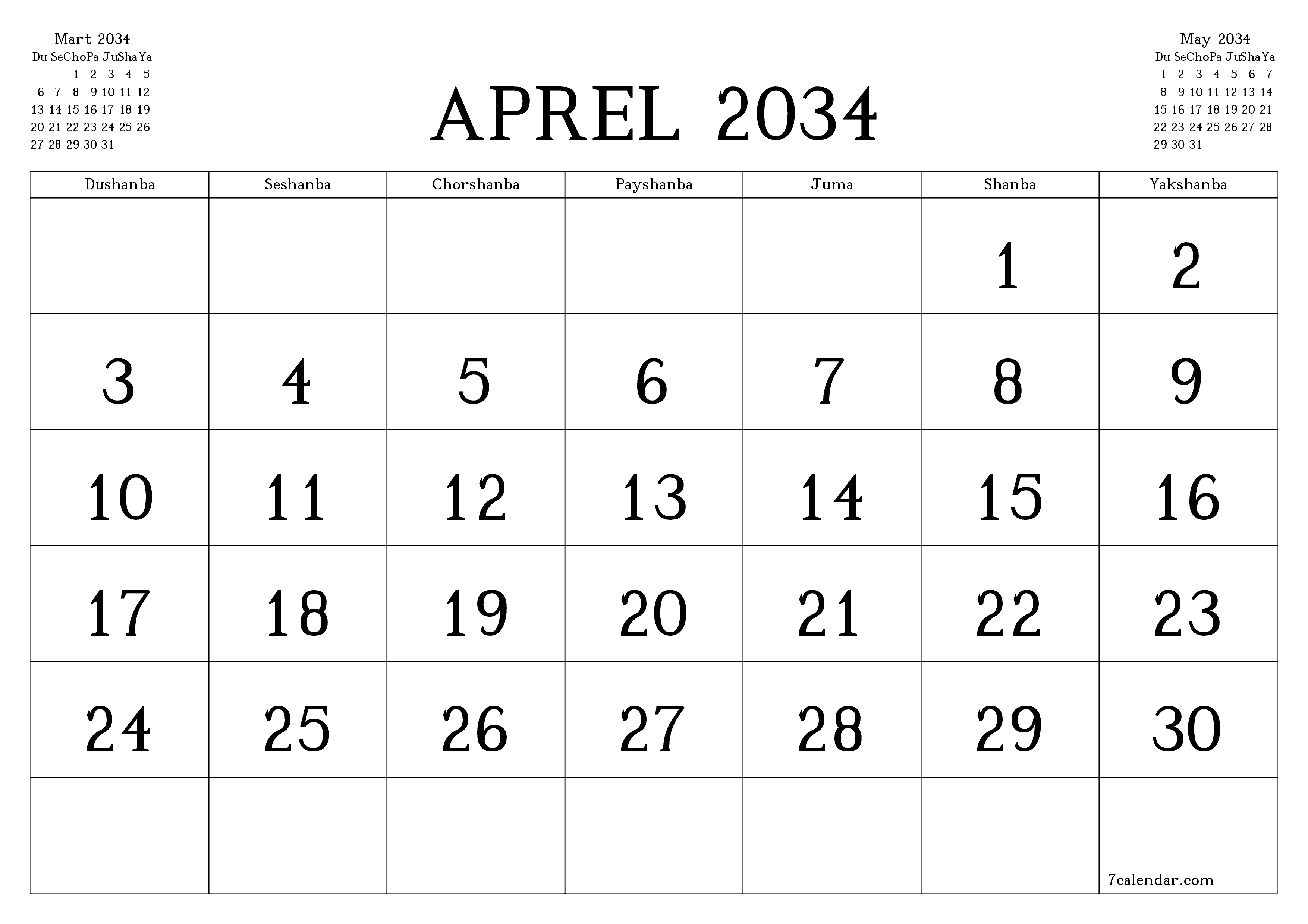 Aprel 2034 oylik oylik rejalashtiruvchini yozuvlar bilan bo'shatish, saqlash va PDF-ga chop etish PNG Uzbek
