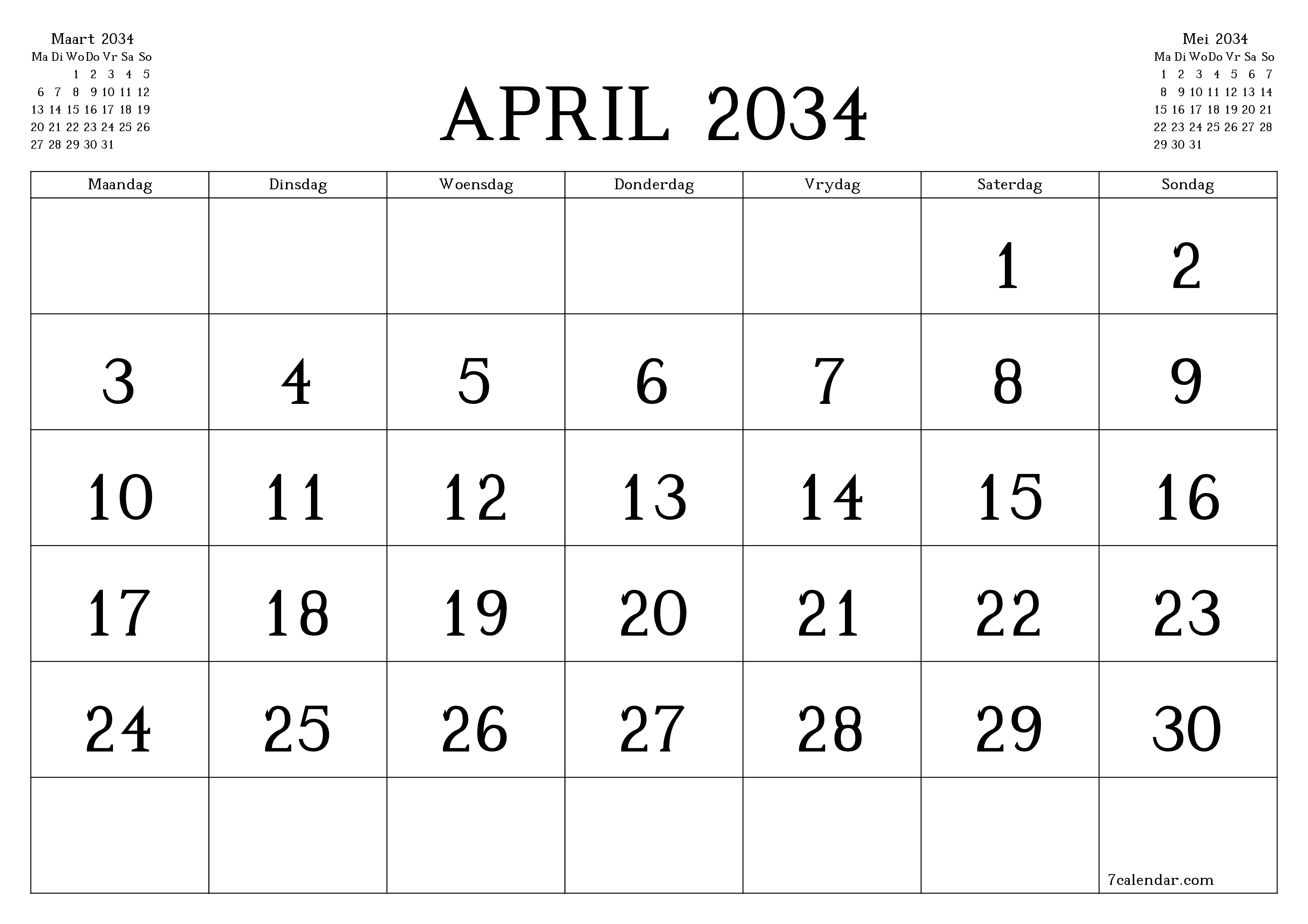 Leë maandelikse drukbare kalender en beplanner vir maand April 2034 met notas stoor en druk na PDF PNG Afrikaans