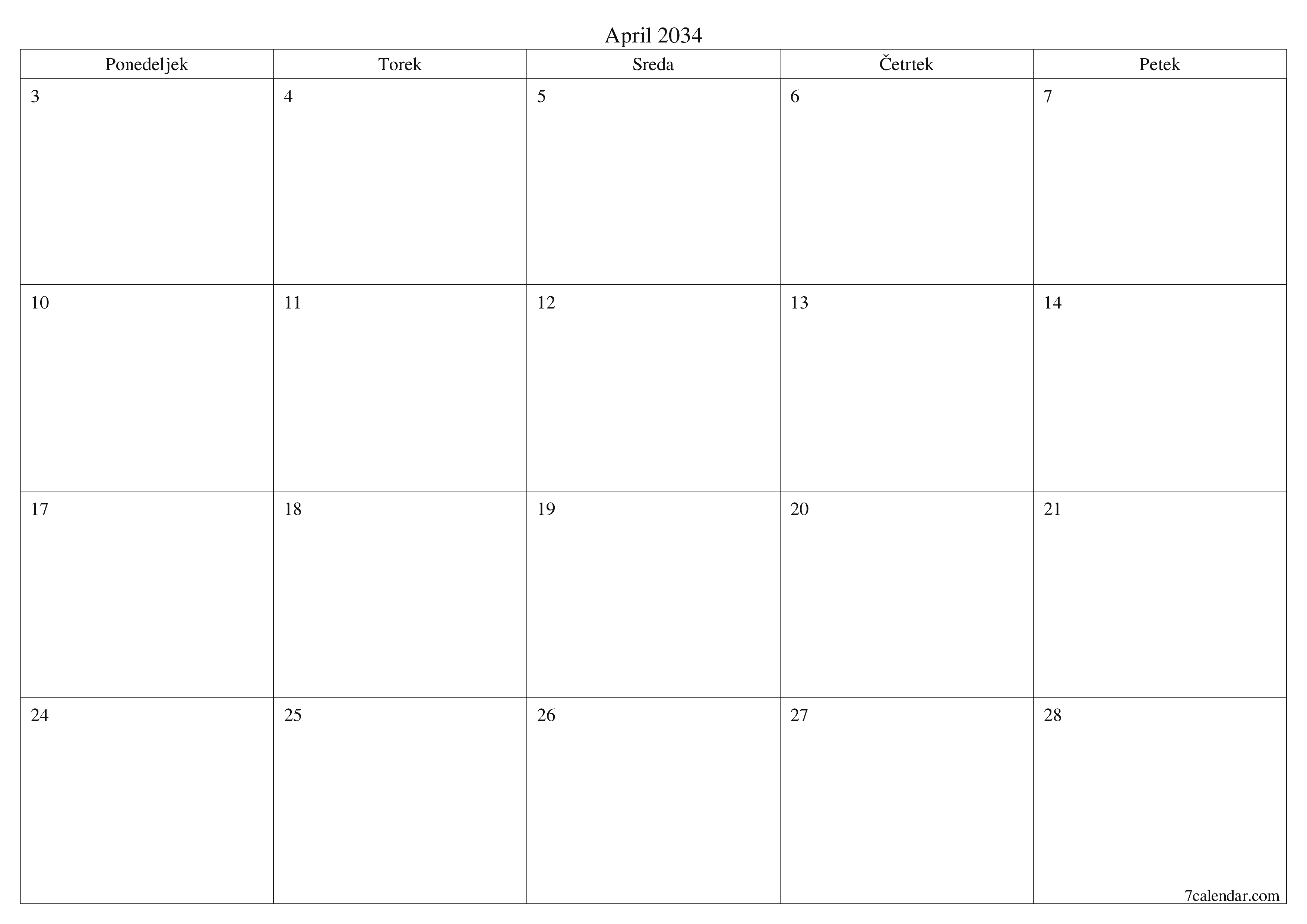 Prazen mesečni načrtovalec koledarja za mesec April 2034 z opombami, natisnjenimi v PDF PNG Slovenian