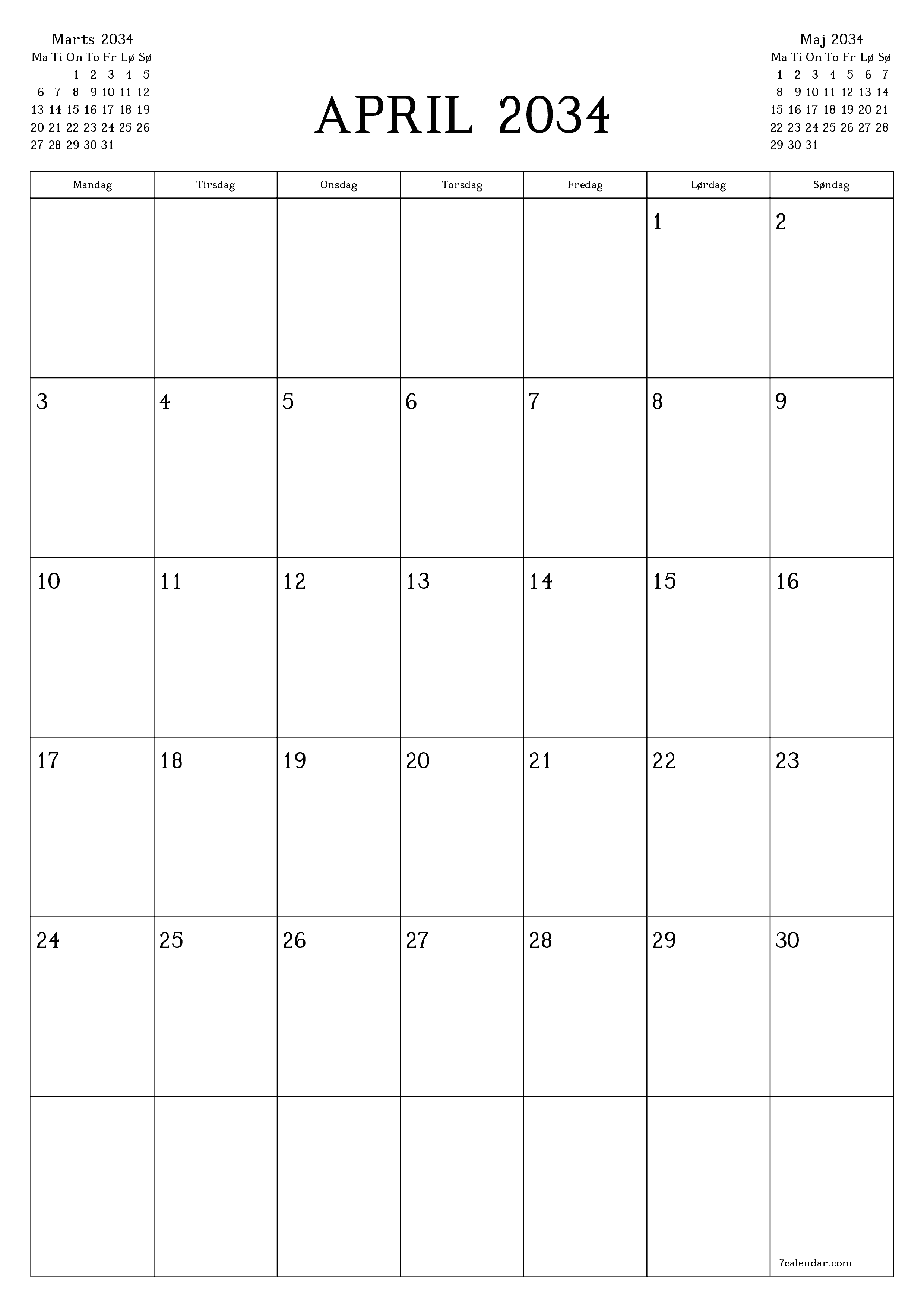 Tom månedlig planlægning for måned April 2034 med noter, gem og udskriv til PDF PNG Danish
