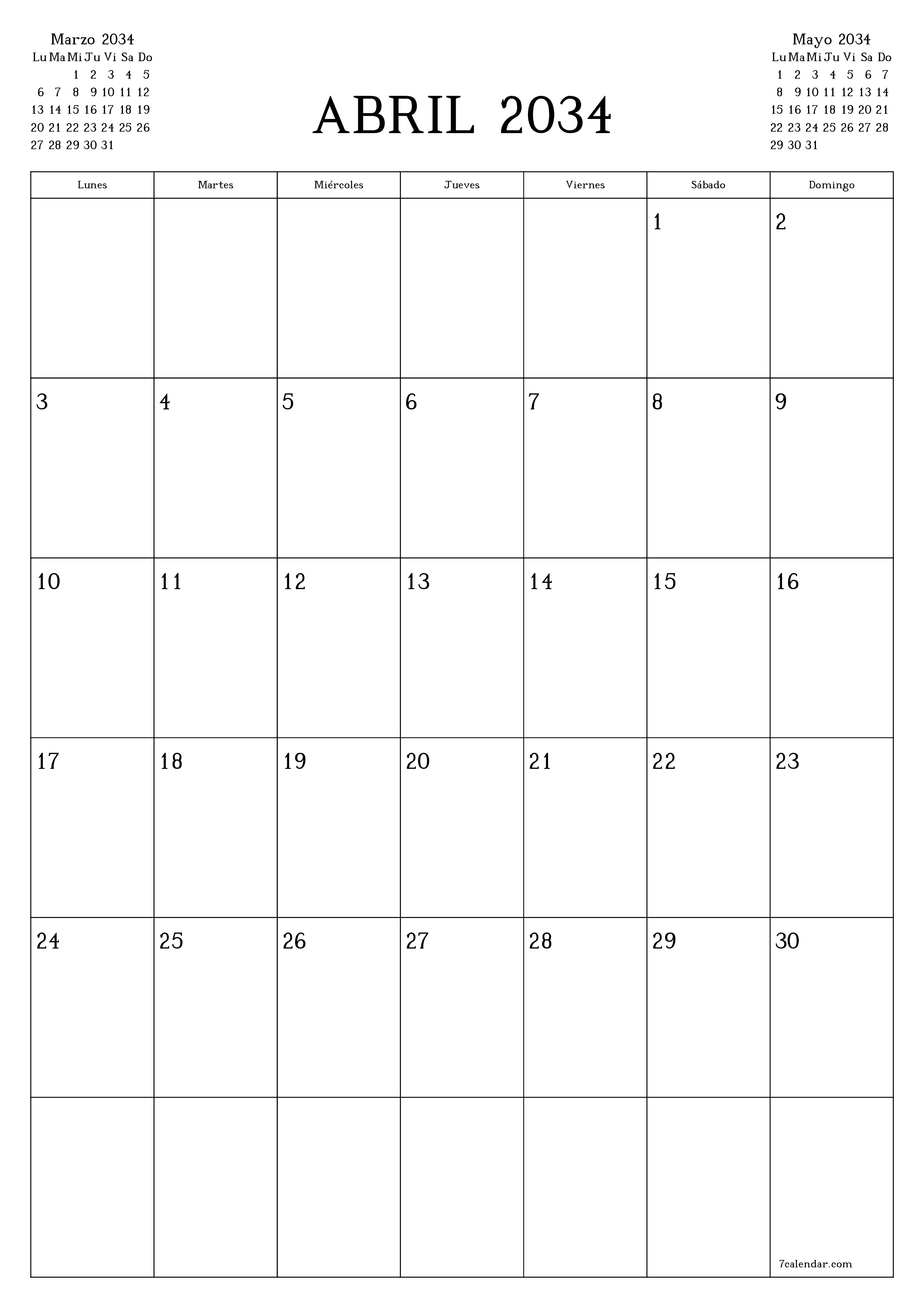  imprimible de pared plantilla de gratisvertical Mensual planificador calendario Abril (Abr) 2034