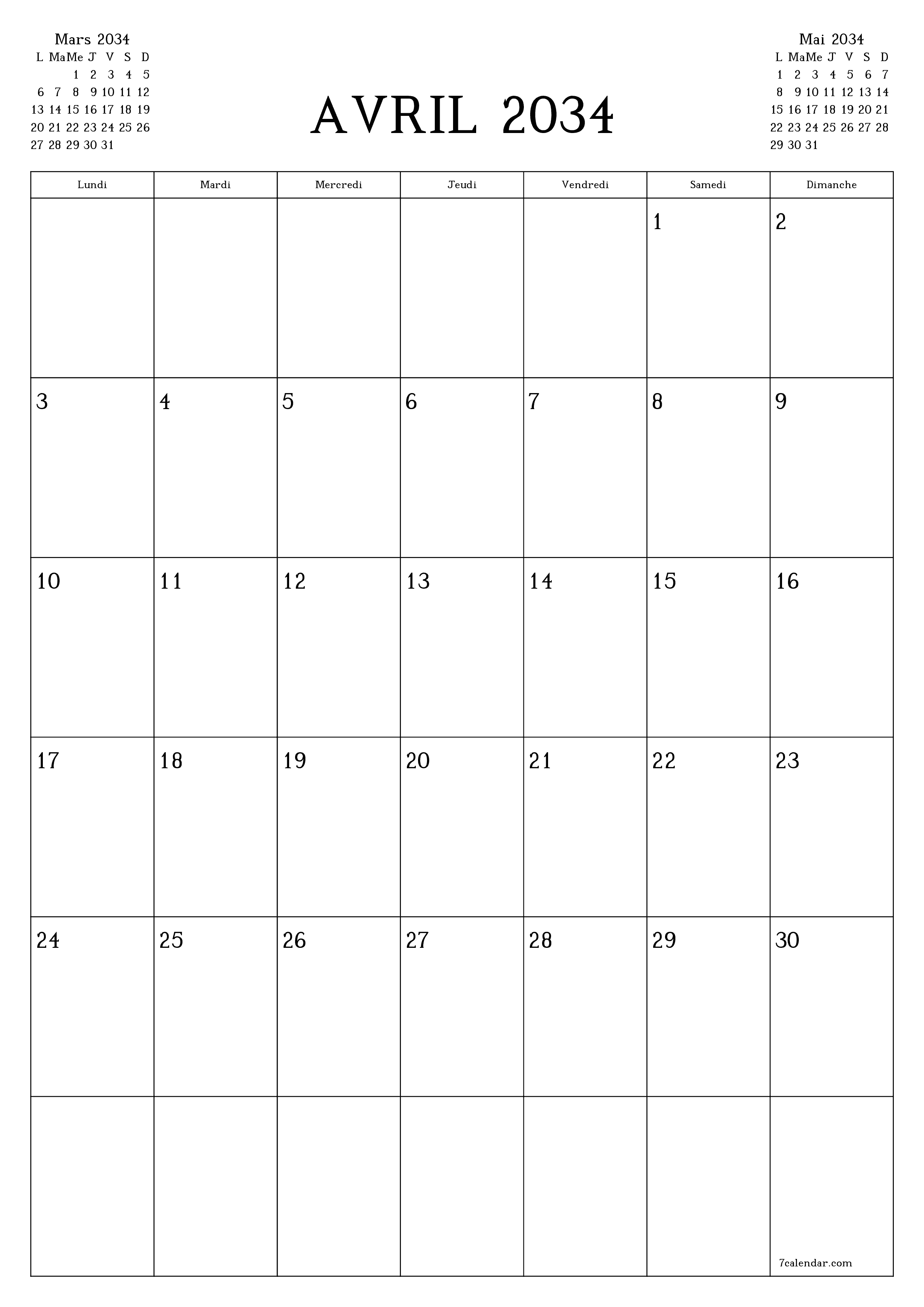  imprimable mural modèle de gratuitverticale Mensuel planificateur calendrier Avril (Avr) 2034