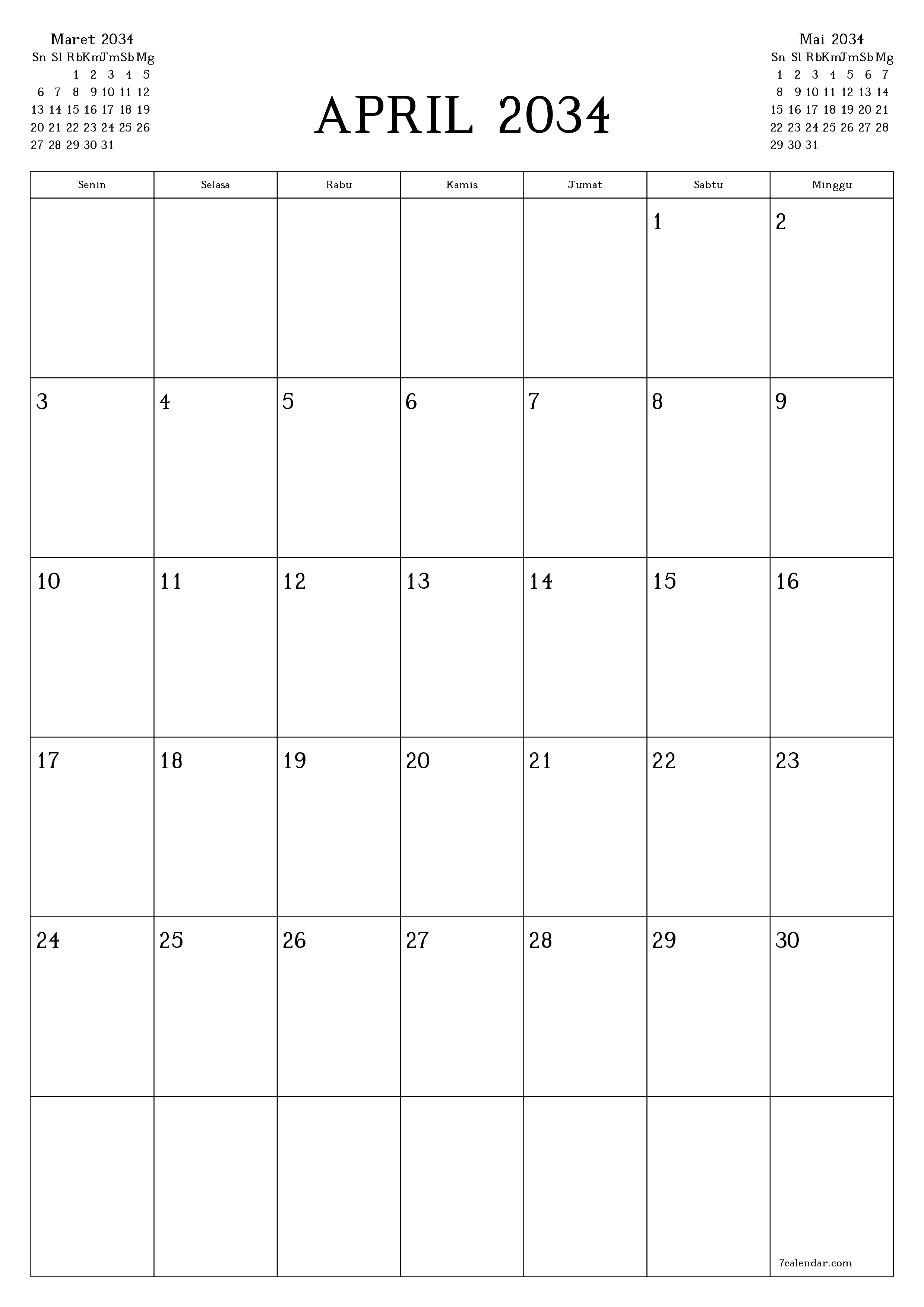 Kosongkan agenda bulanan untuk bulan April 2034 dengan catatan, simpan dan cetak ke PDF PNG Indonesian