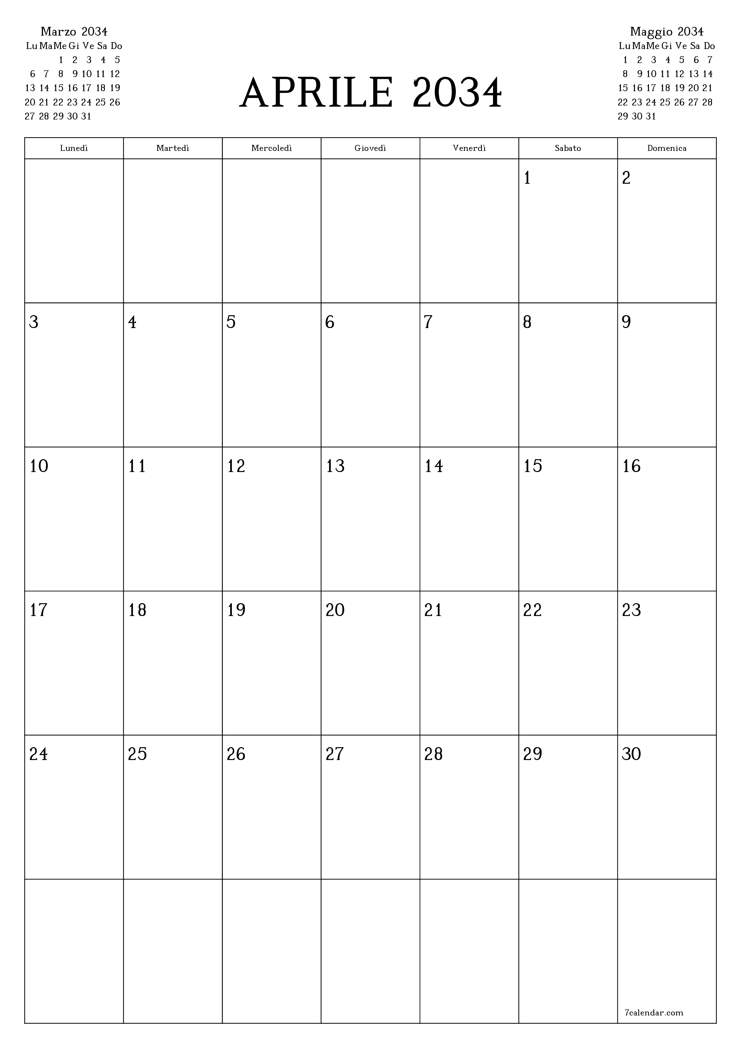  stampabile da parete modello di gratuitoverticale Mensile pianificatore calendario Aprile (Apr) 2034