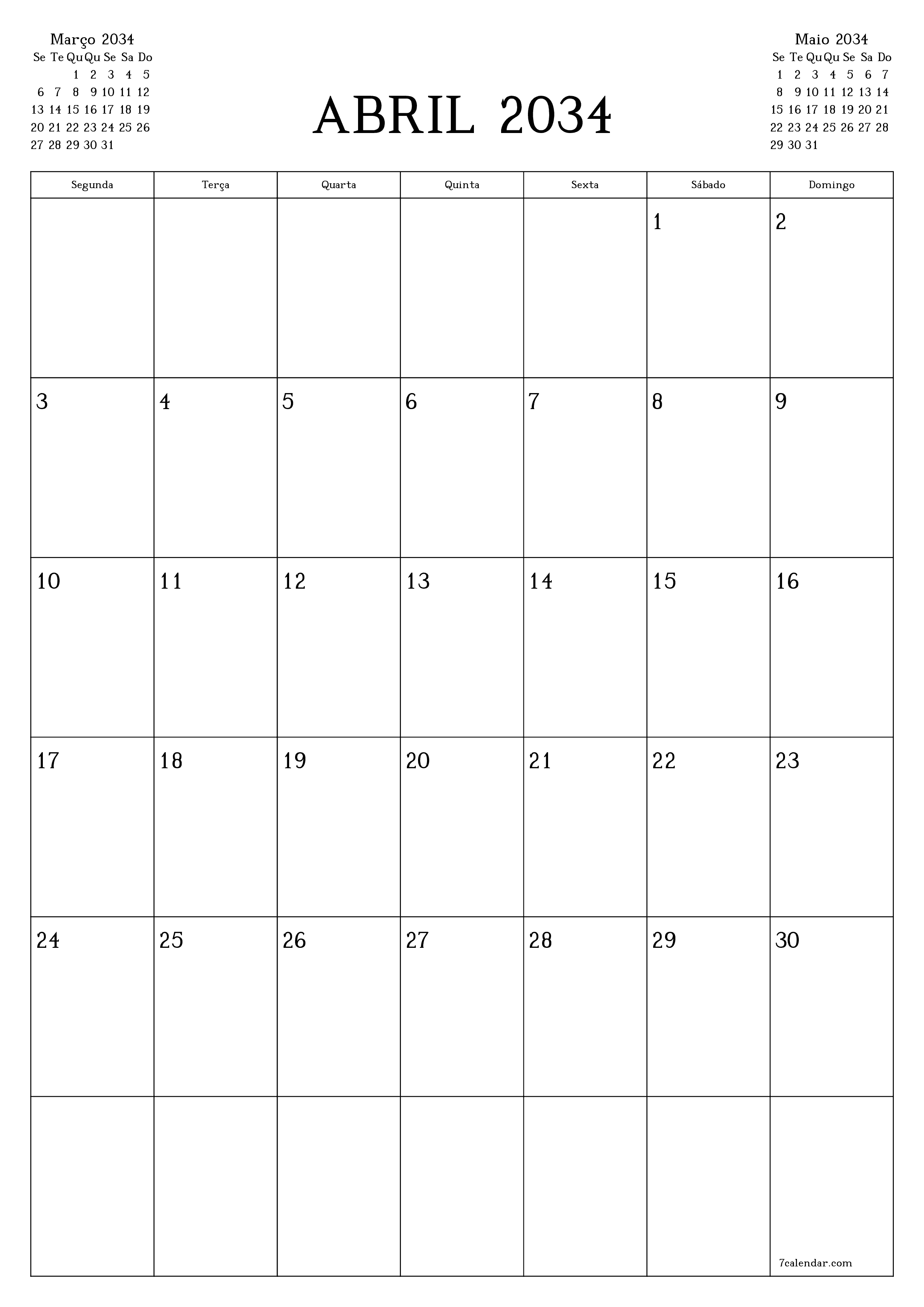  para impressão de parede modelo de grátisvertical Mensal planejador calendário Abril (Abr) 2034