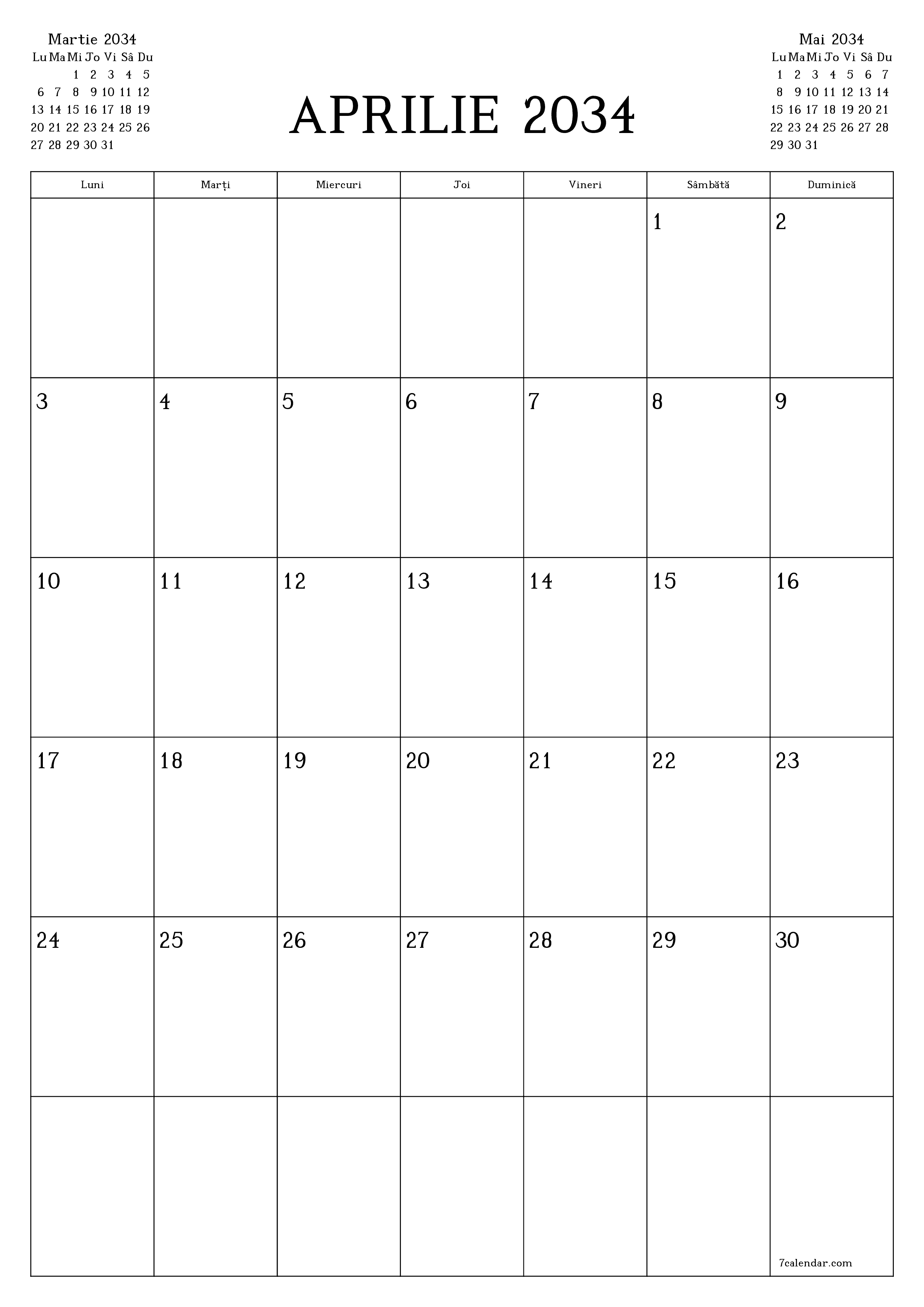  imprimabil de perete șablon de gratuitvertical Lunar planificator calendar Aprilie (Apr) 2034