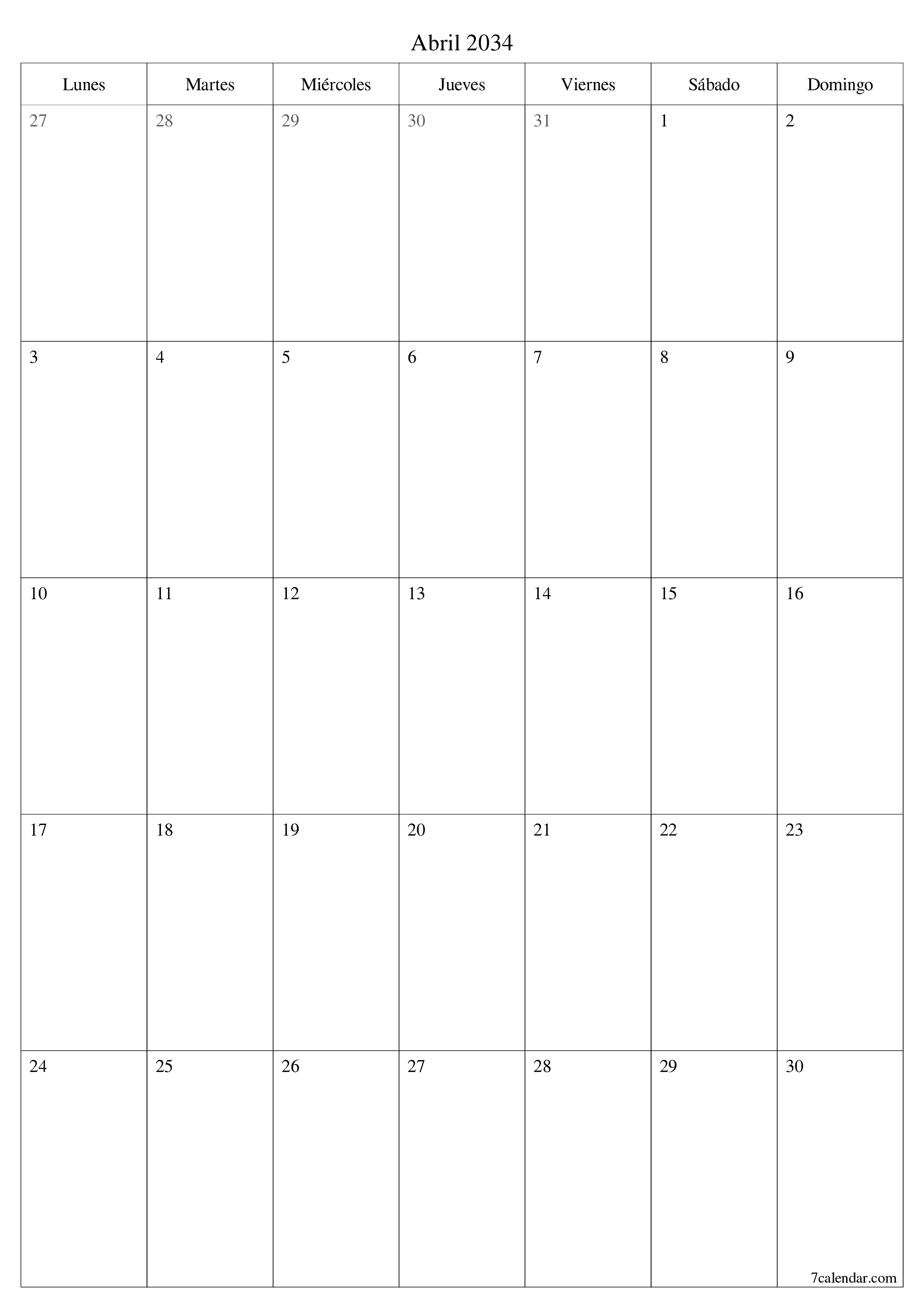  imprimible de pared plantilla de gratisvertical Mensual planificador calendario Abril (Abr) 2034