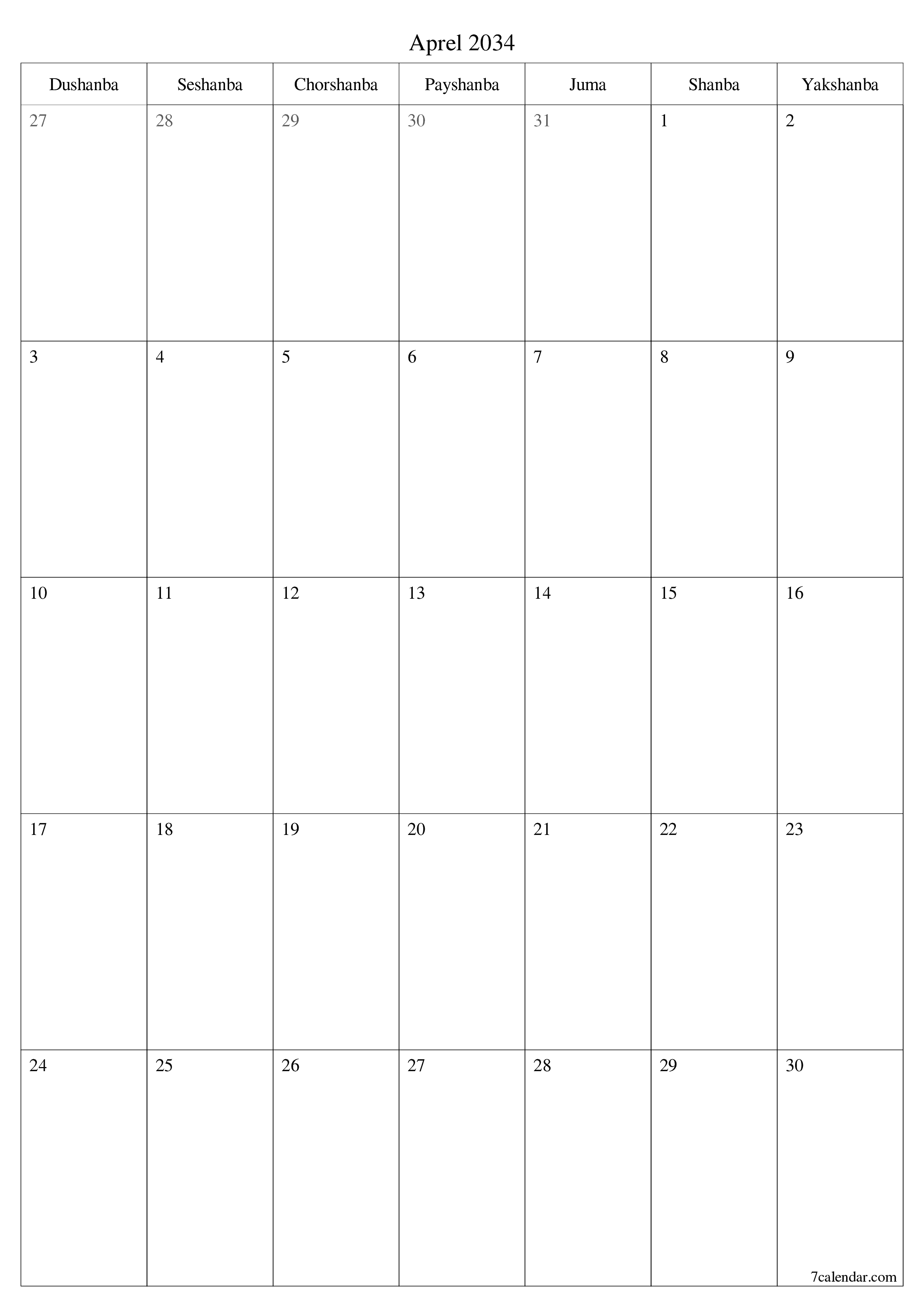 chop etiladigan devor taqvimi shabloni bepul vertikal Oylik rejalashtiruvchi kalendar Aprel (Apr) 2034