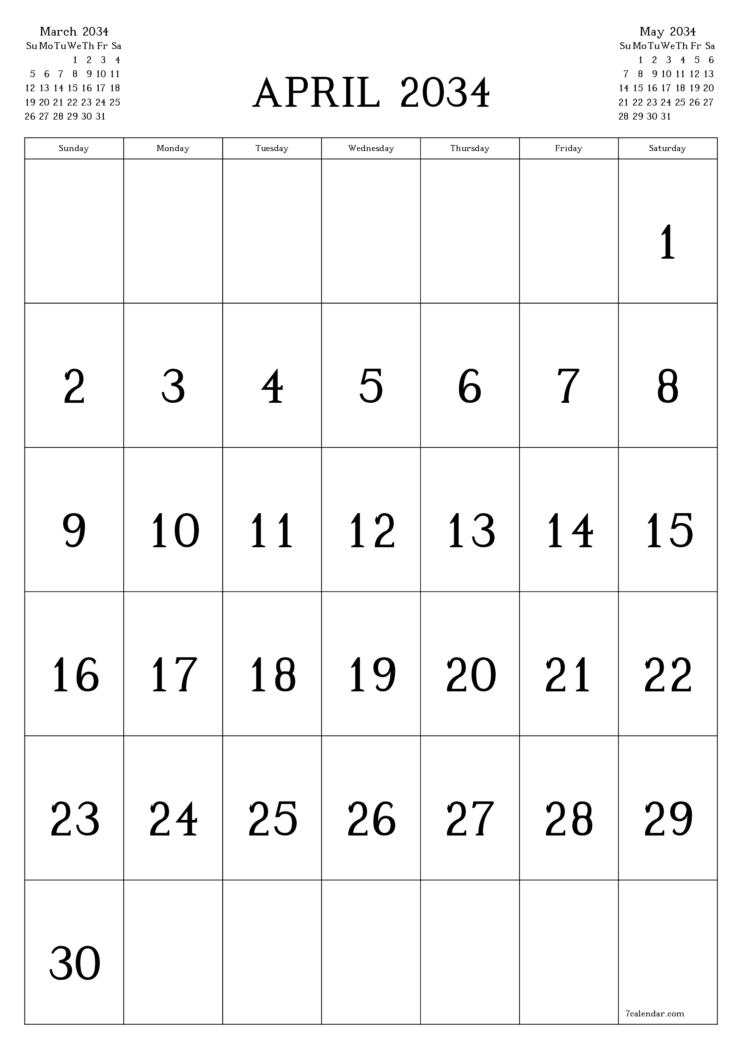 Blank calendar April 2034