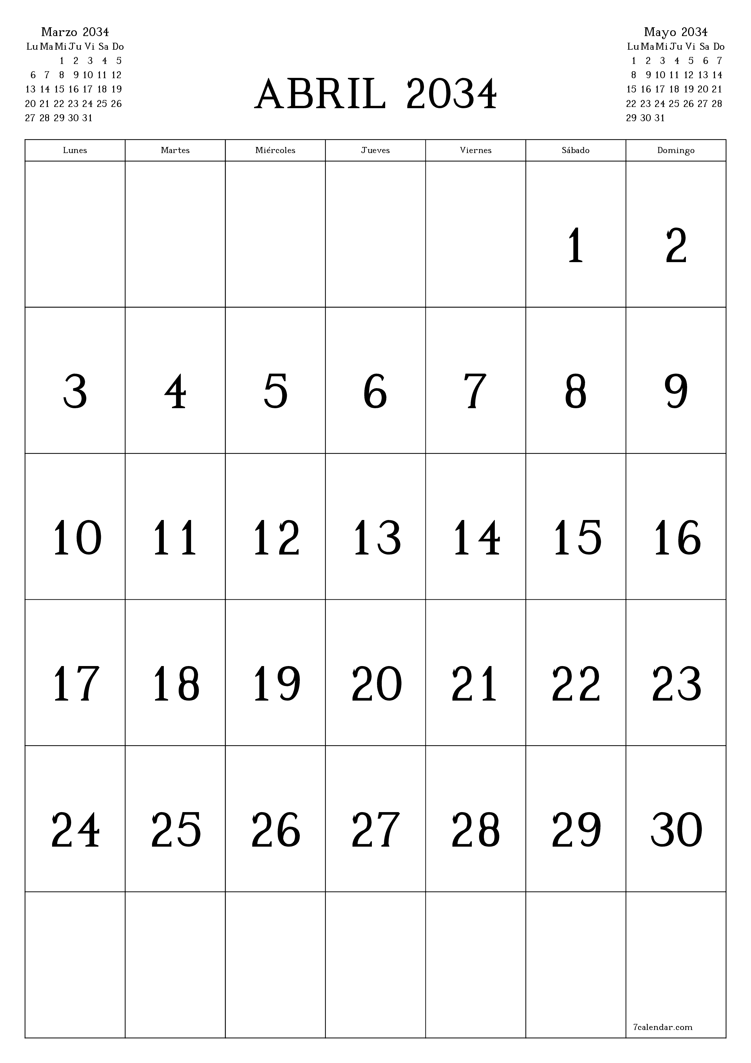  imprimible de pared plantilla de gratisvertical Mensual calendario Abril (Abr) 2034