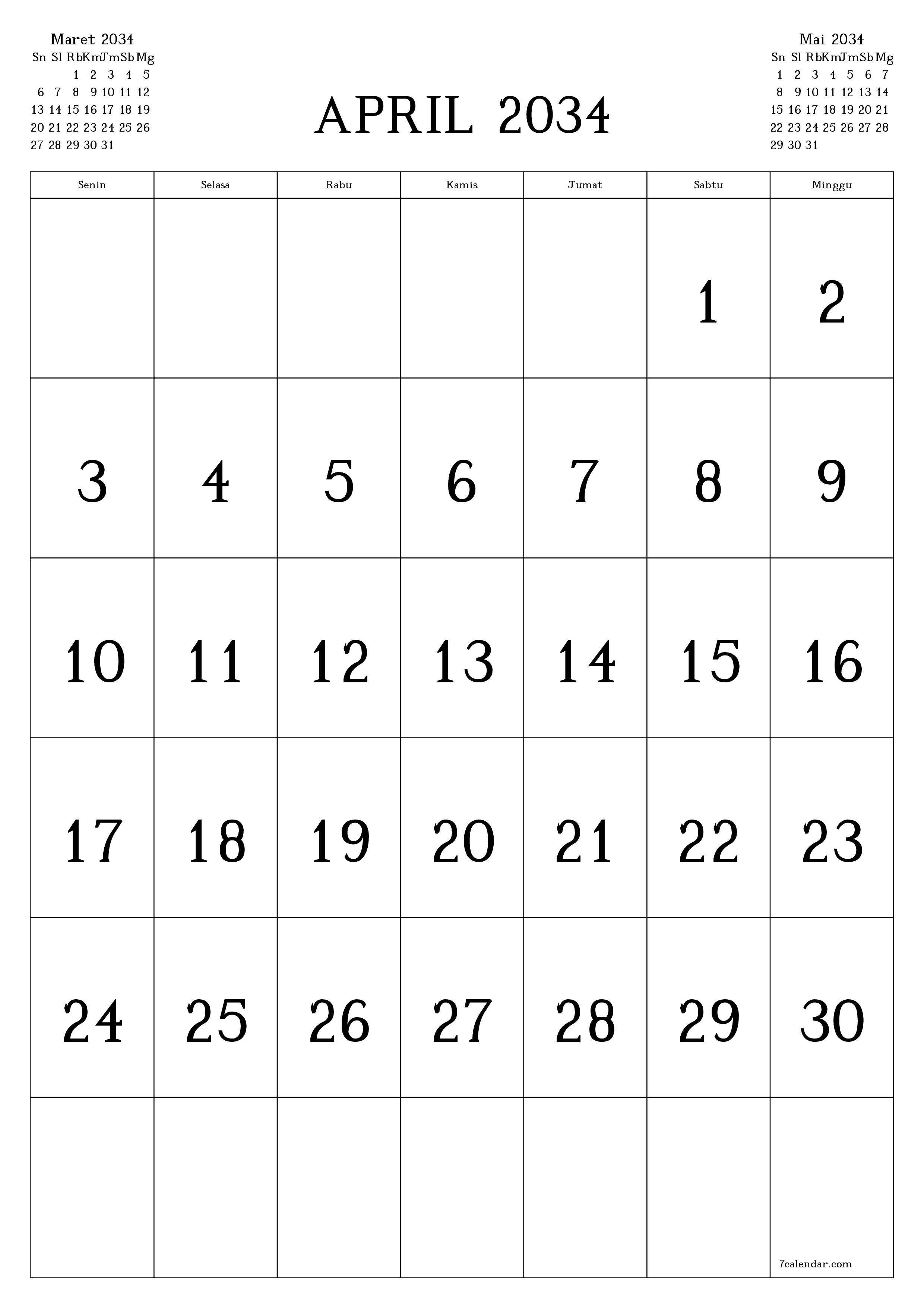 Kosongkan agenda bulanan untuk bulan April 2034 dengan catatan, simpan dan cetak ke PDF PNG Indonesian
