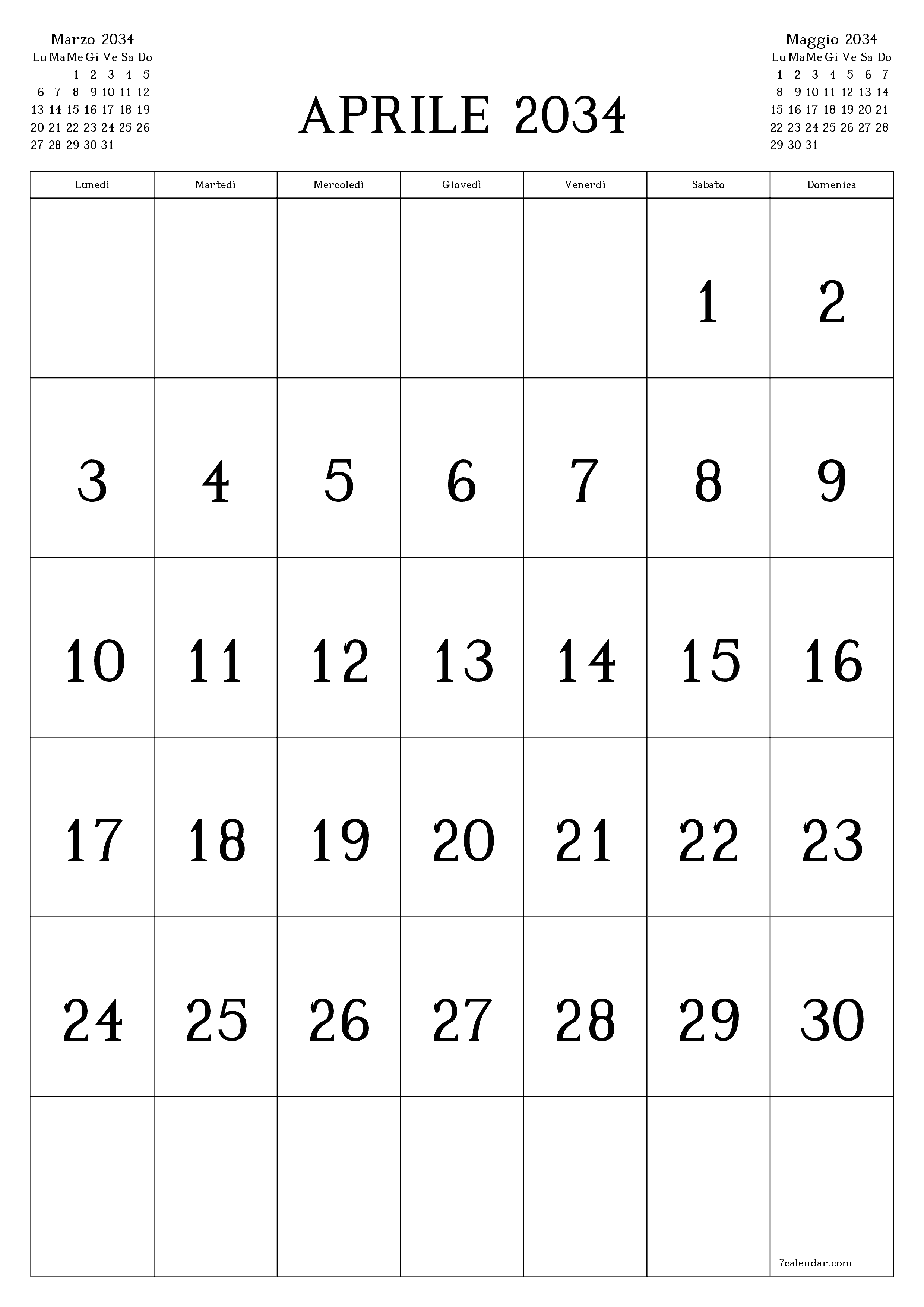 stampabile da parete modello di gratuitoverticale Mensile calendario Aprile (Apr) 2034